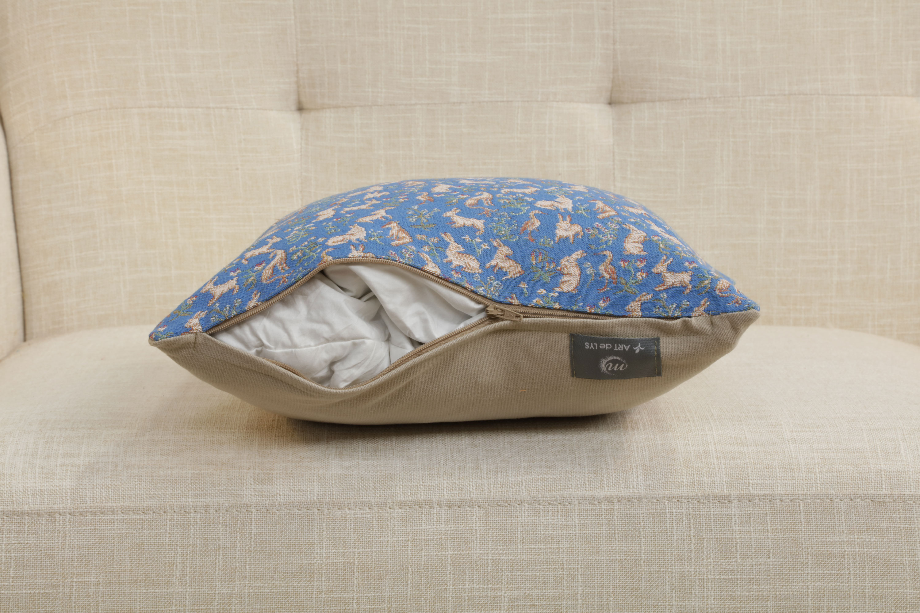 Medieval Mille Fleurs and Little Animals Blue Tapestry Pillow Cover 14x14 Inch Cotton Jacquard Woven Cushion Cover