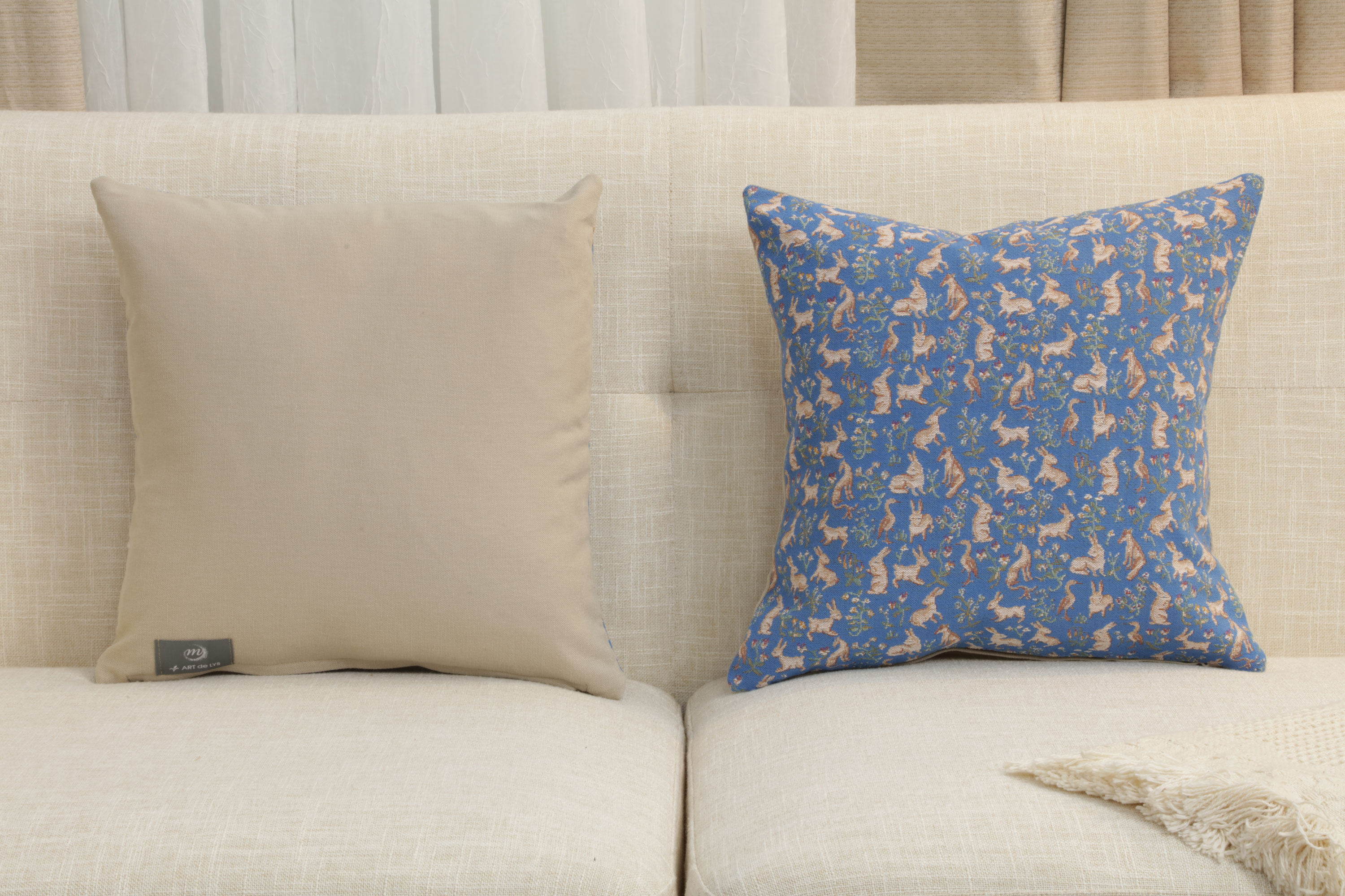 Medieval Mille Fleurs and Little Animals Blue Tapestry Pillow Cover 14x14 Inch Cotton Jacquard Woven Cushion Cover