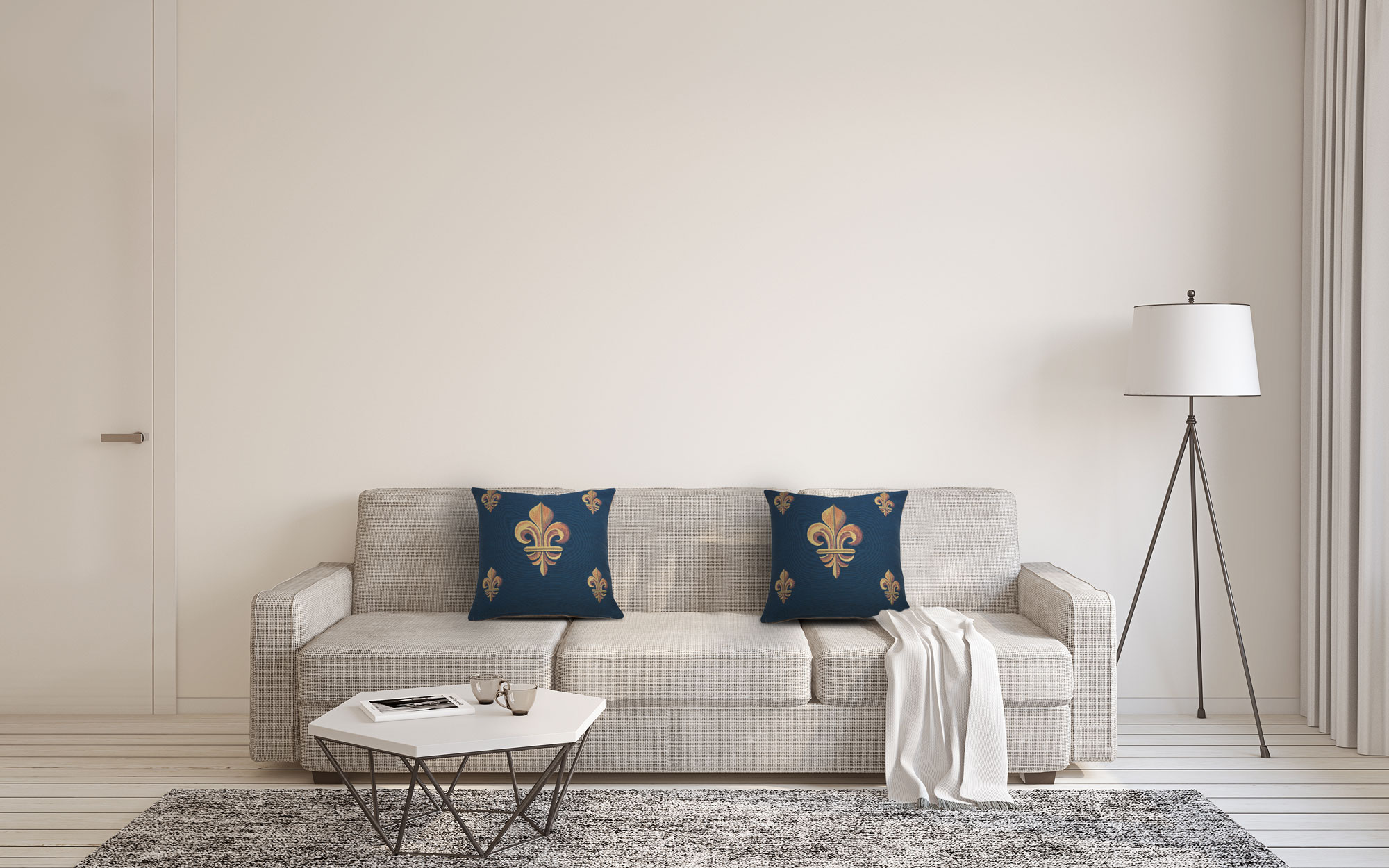 French Five Fleur de Lys Blue Tapestry Pillow Cover 19x19 Inch Cotton Jacquard Woven Cushion Cover