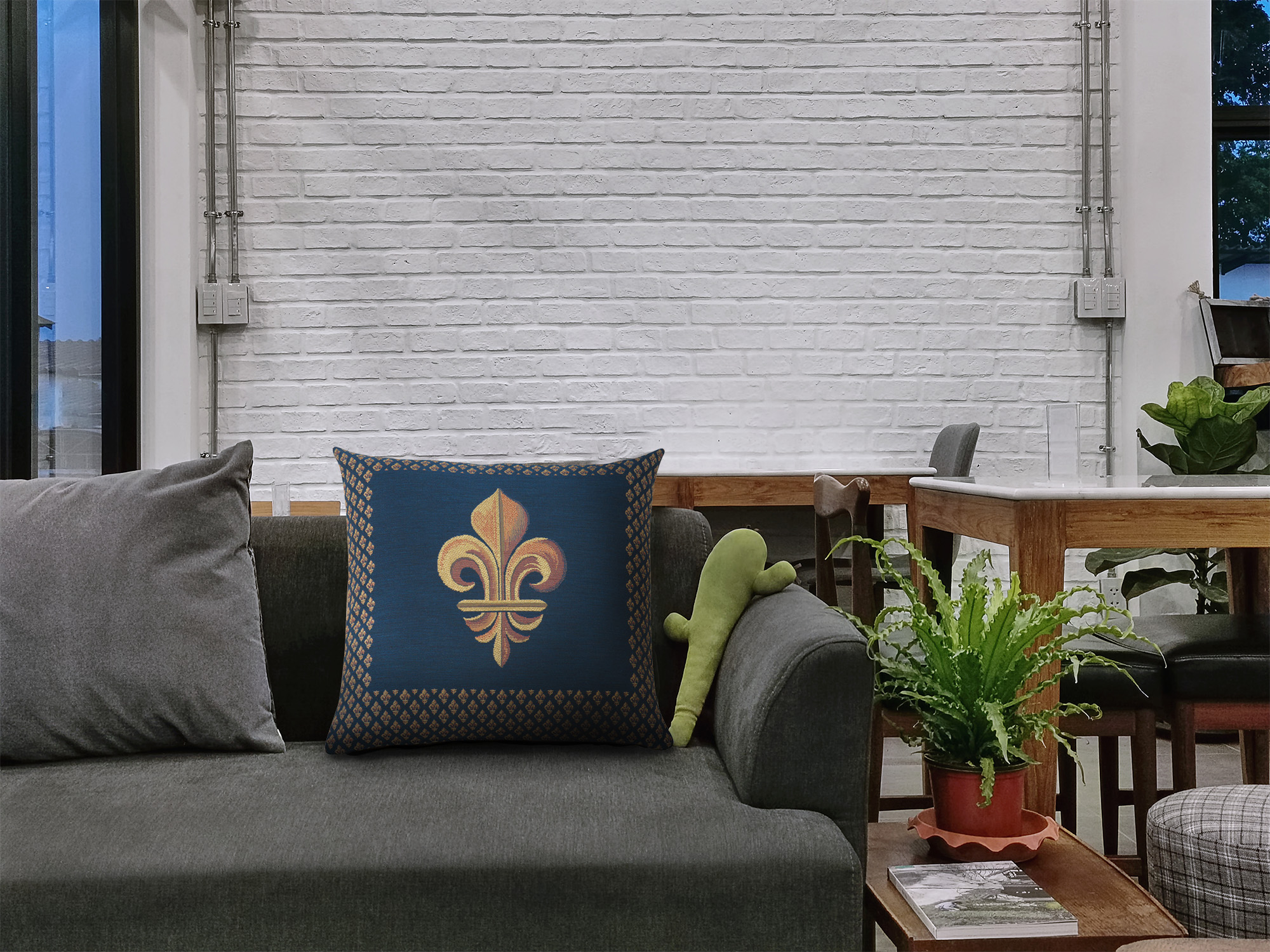 French Framed Fleur de Lys Blue Tapestry Pillow Cover 19x19 Inch Cotton Jacquard Woven Cushion Cover