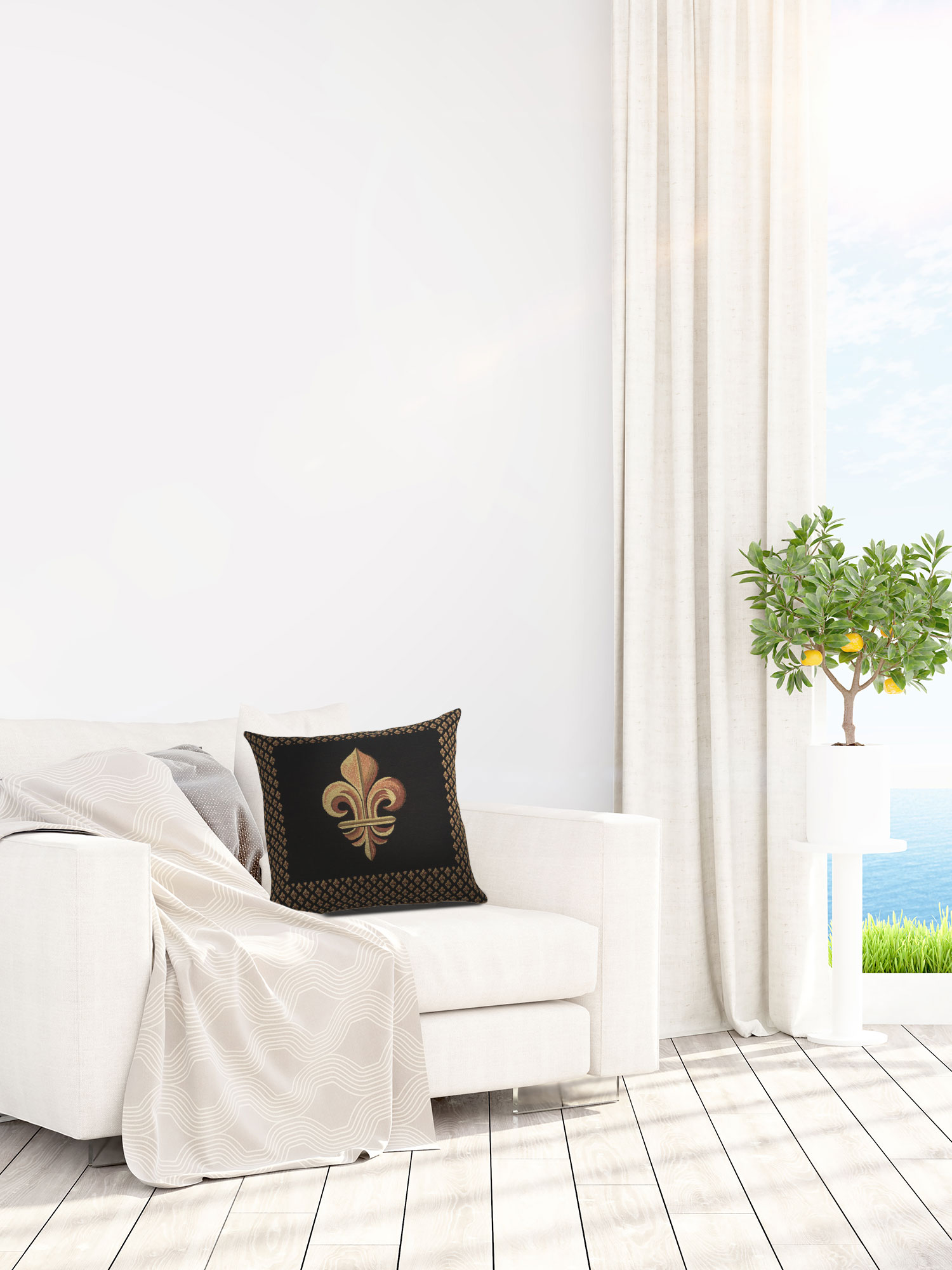 French Framed Fleur de Lys Black Tapestry Pillow Cover 19x19 Inch Cotton Jacquard Woven Cushion Cover
