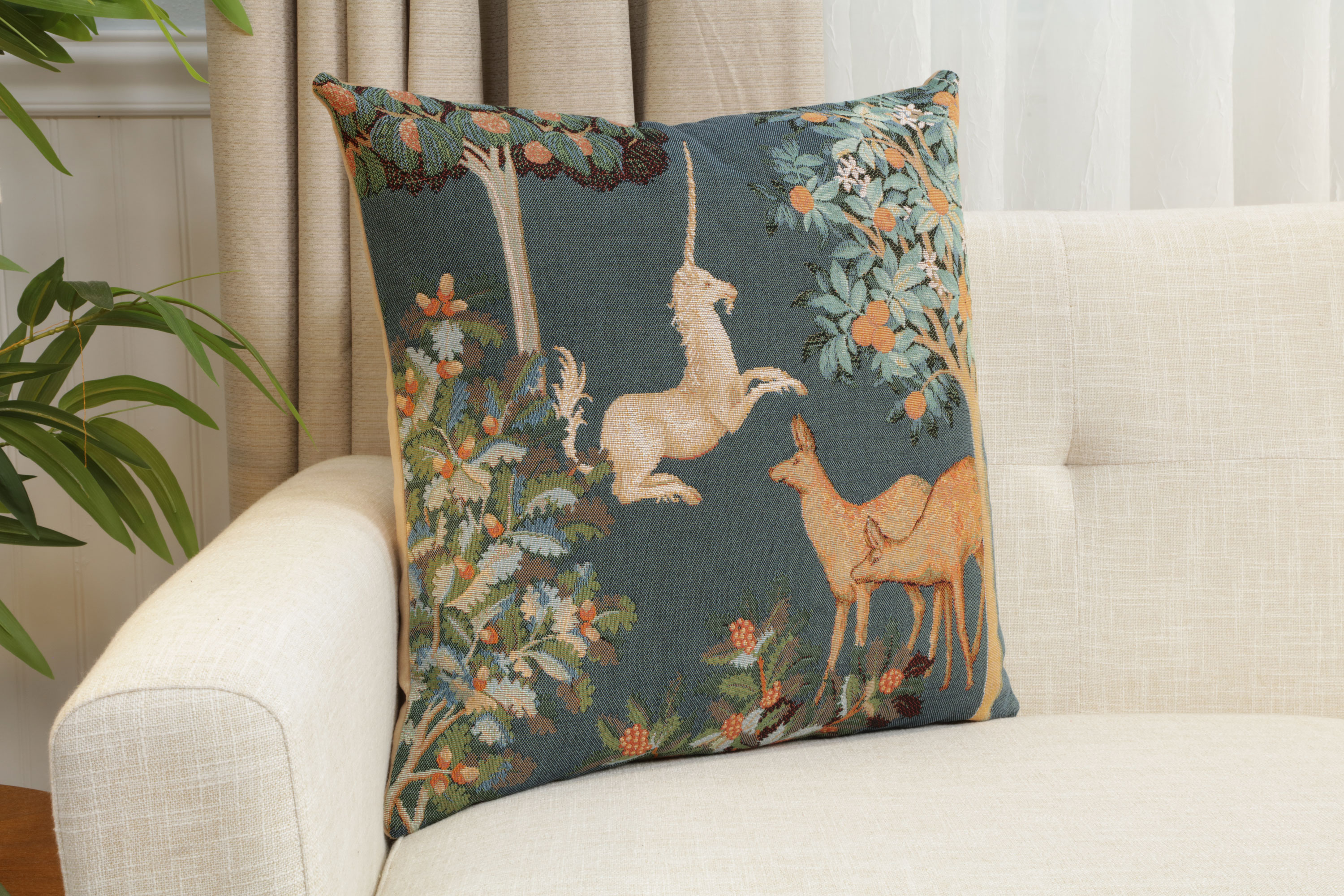 Medieval Unicorn and Does Forest Blue Tapestry Pillow Cover 19x19 Inch Cotton Jacquard Woven Cushion Cover