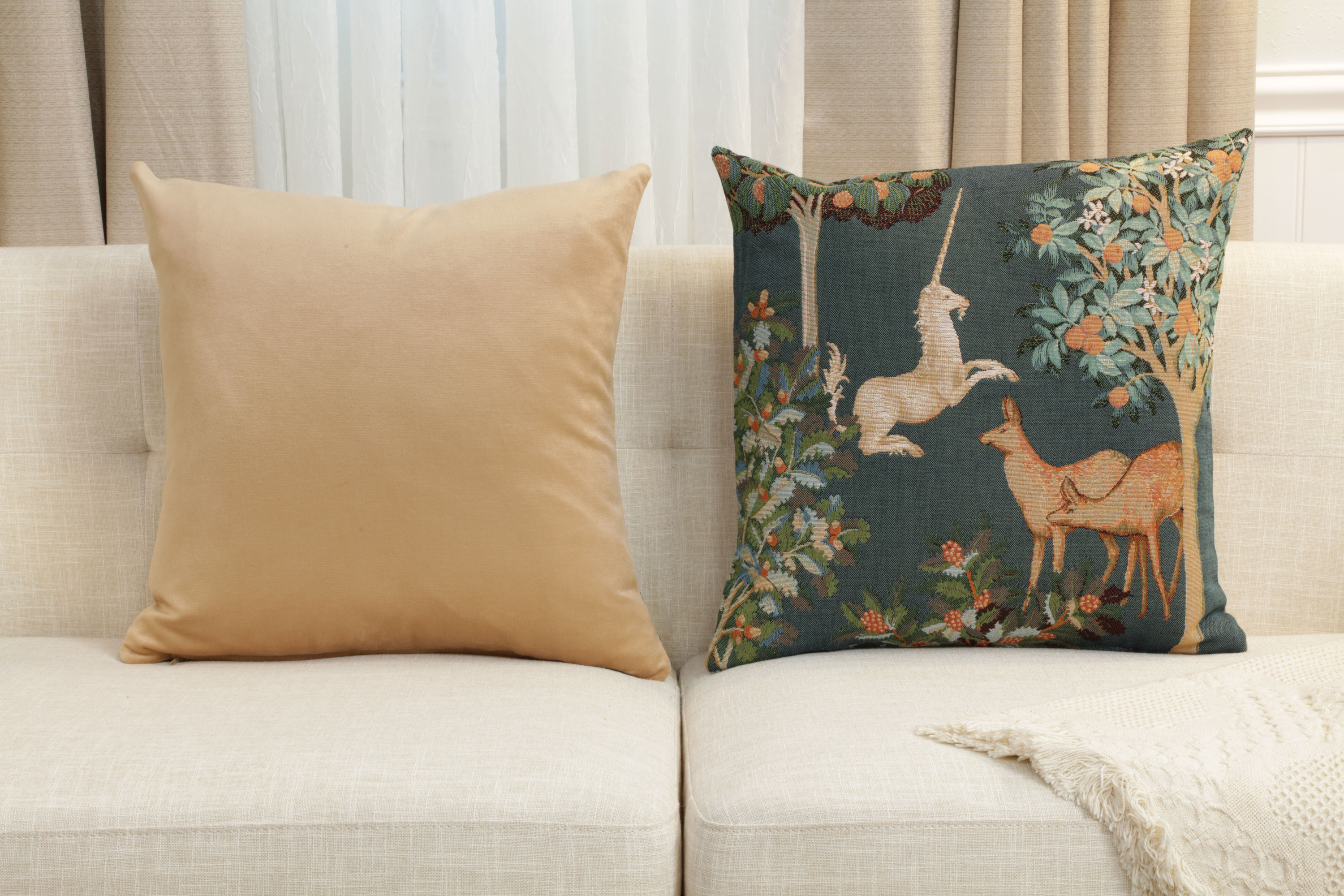 Medieval Unicorn and Does Forest Blue Tapestry Pillow Cover 19x19 Inch Cotton Jacquard Woven Cushion Cover