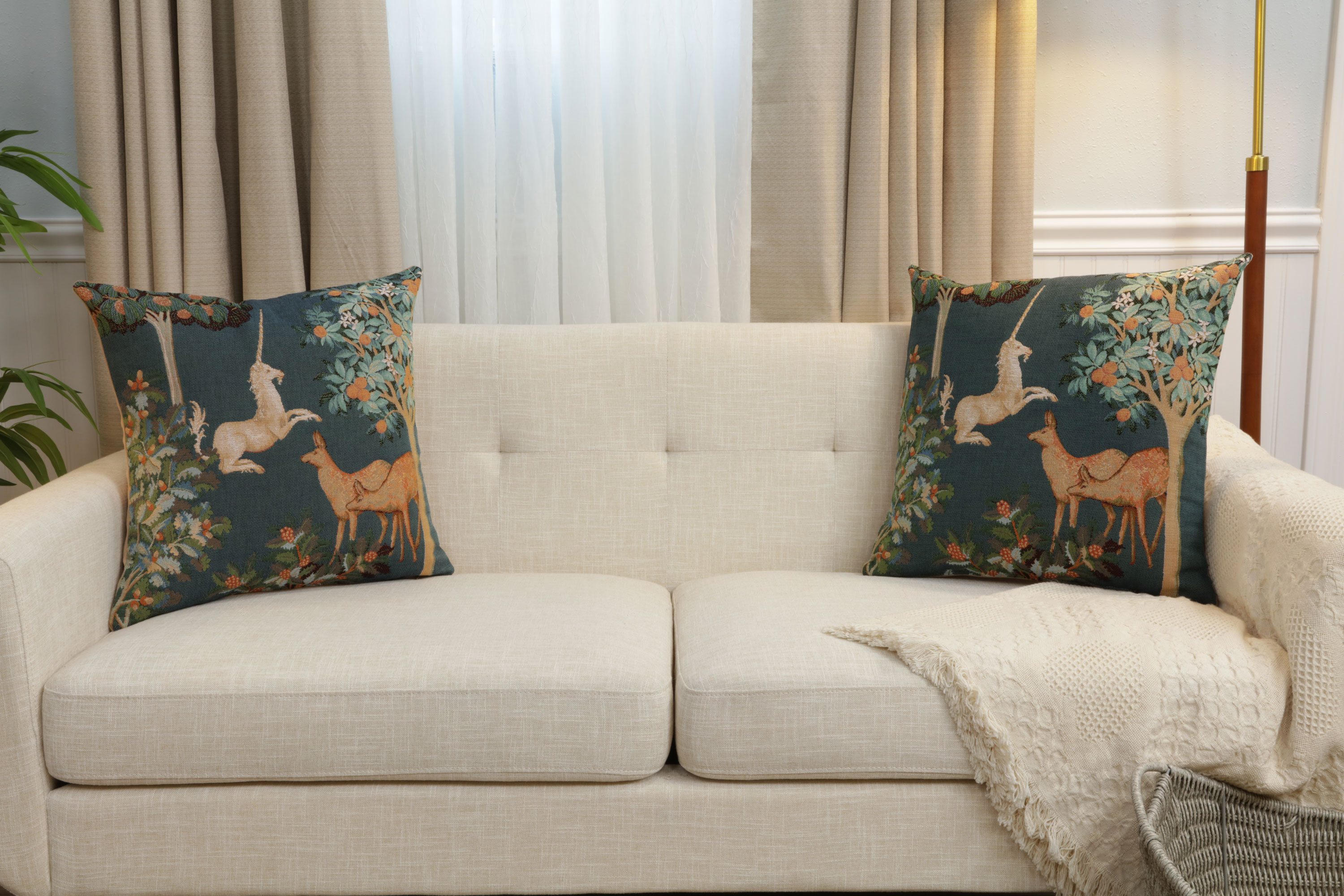 Medieval Unicorn and Does Forest Blue Tapestry Pillow Cover 19x19 Inch Cotton Jacquard Woven Cushion Cover