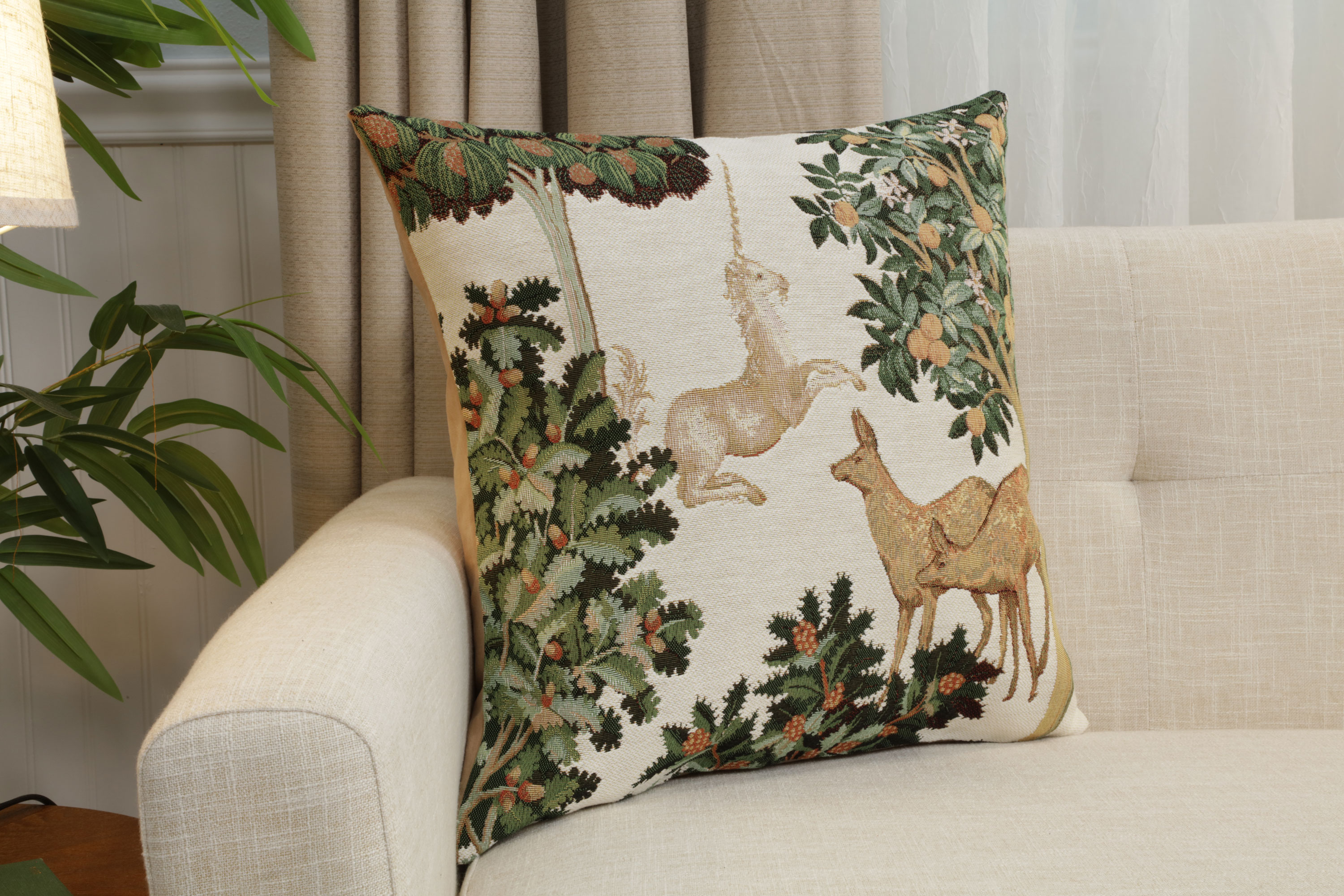 Medieval Unicorn and Does Forest White Tapestry Pillow Cover 19x19 Inch Cotton Jacquard Woven Cushion Cover