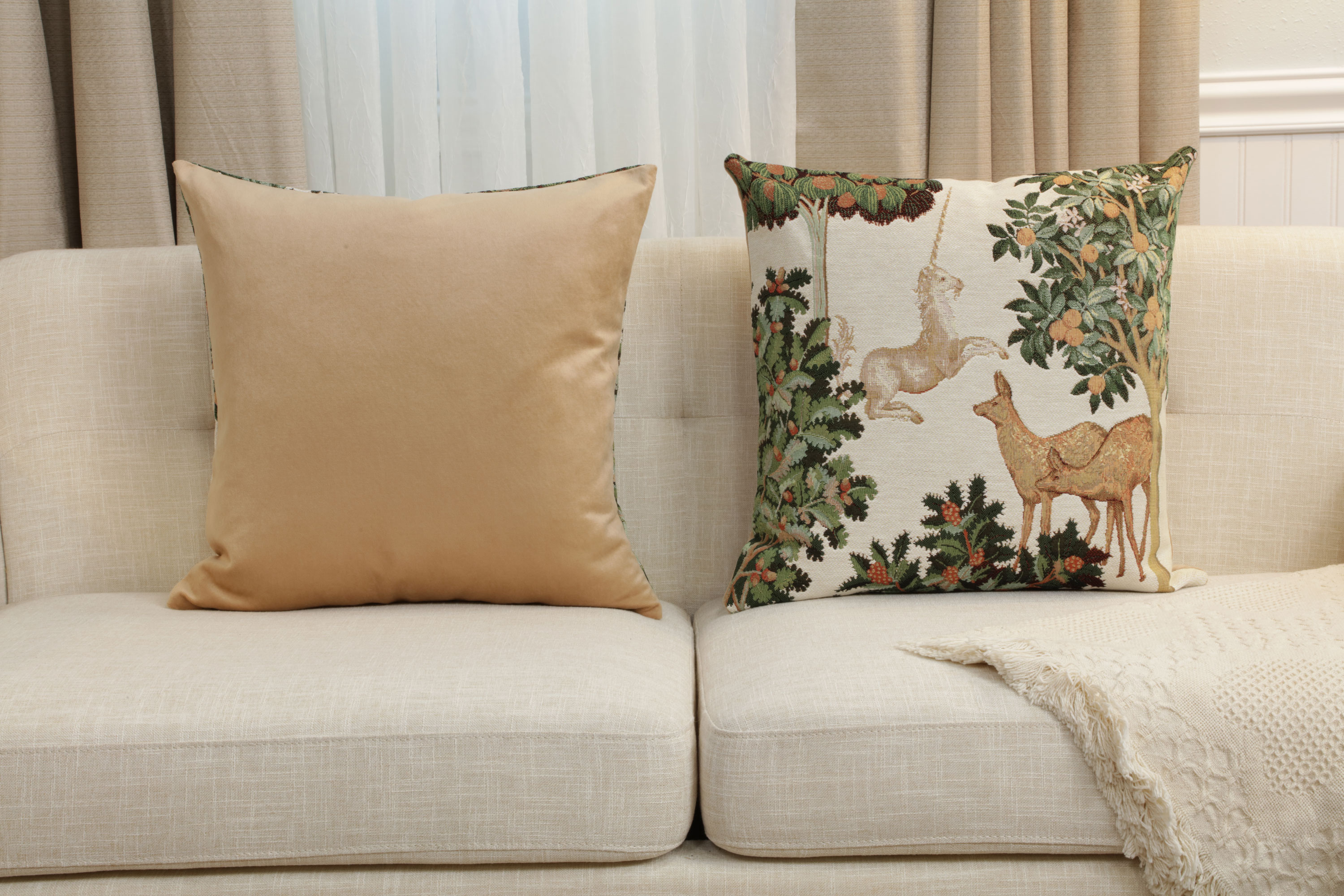 Medieval Unicorn and Does Forest White Tapestry Pillow Cover 19x19 Inch Cotton Jacquard Woven Cushion Cover