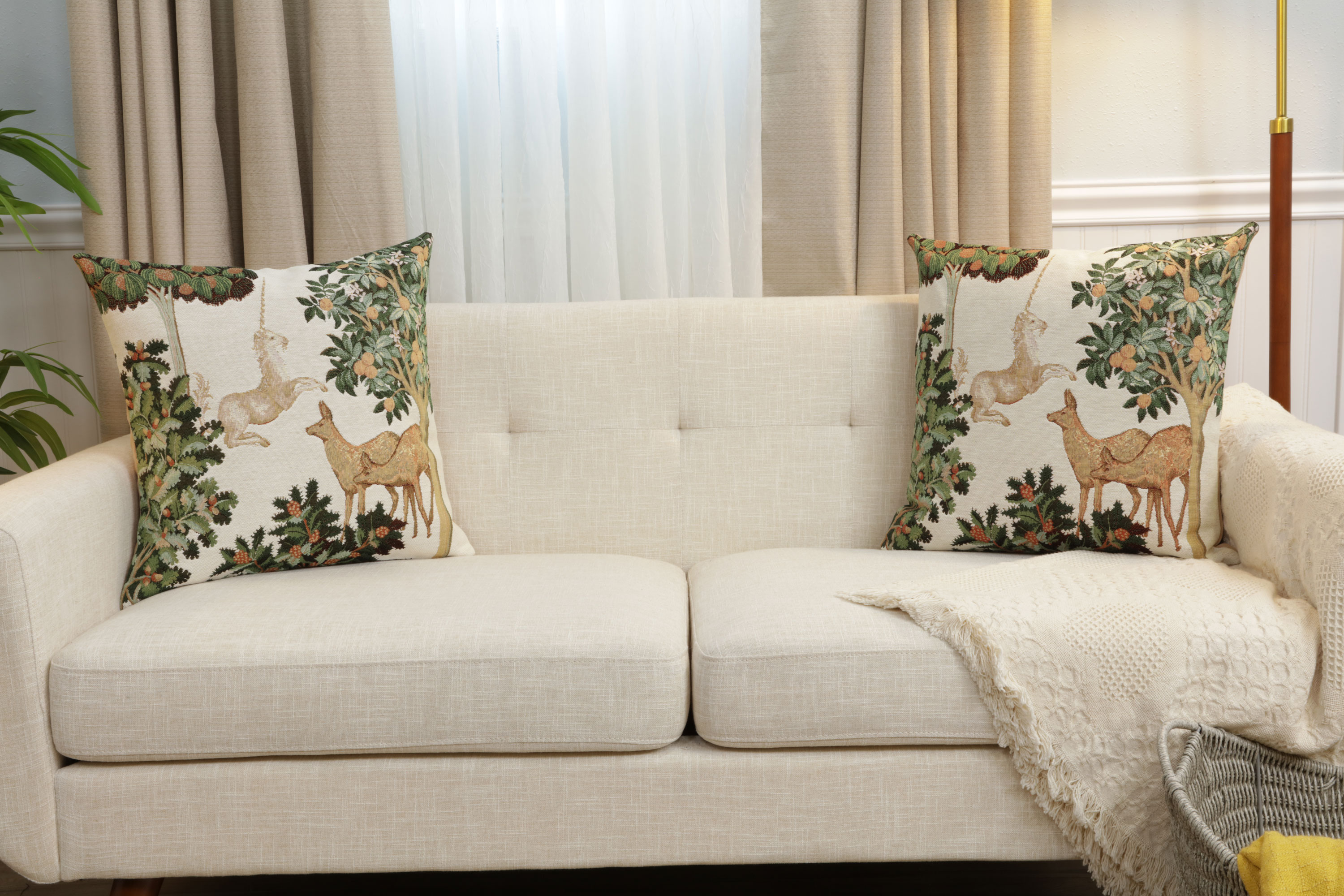 Medieval Unicorn and Does Forest White Tapestry Pillow Cover 19x19 Inch Cotton Jacquard Woven Cushion Cover