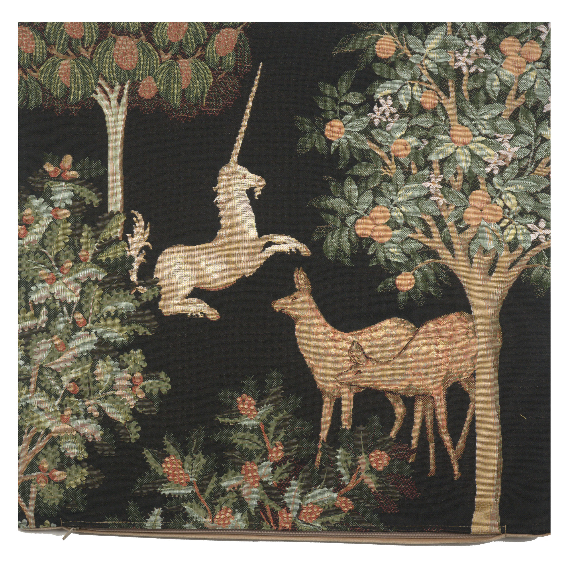 Medieval Unicorn and Does Forest Black Tapestry Pillow Cover 19x19 Inch Cotton Jacquard Woven Cushion Cover