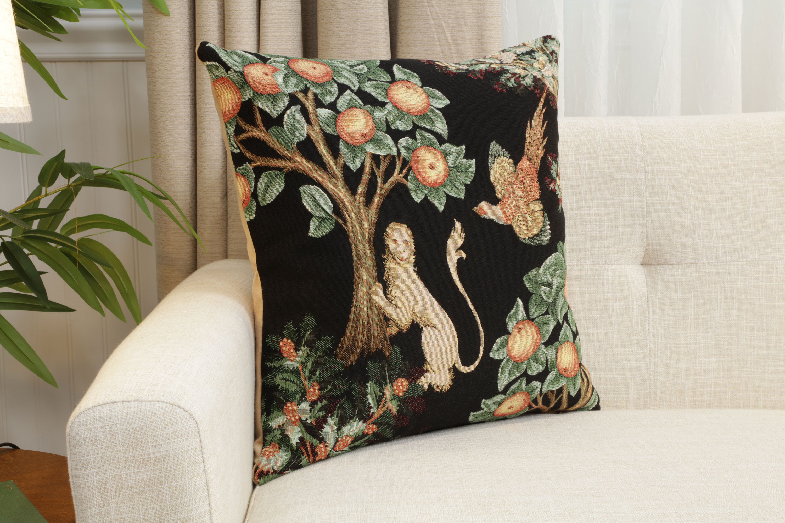 Medieval Lion and Pheasant Forest Black Tapestry Pillow Cover 19x19 Inch Cotton Jacquard Woven Cushion Cover