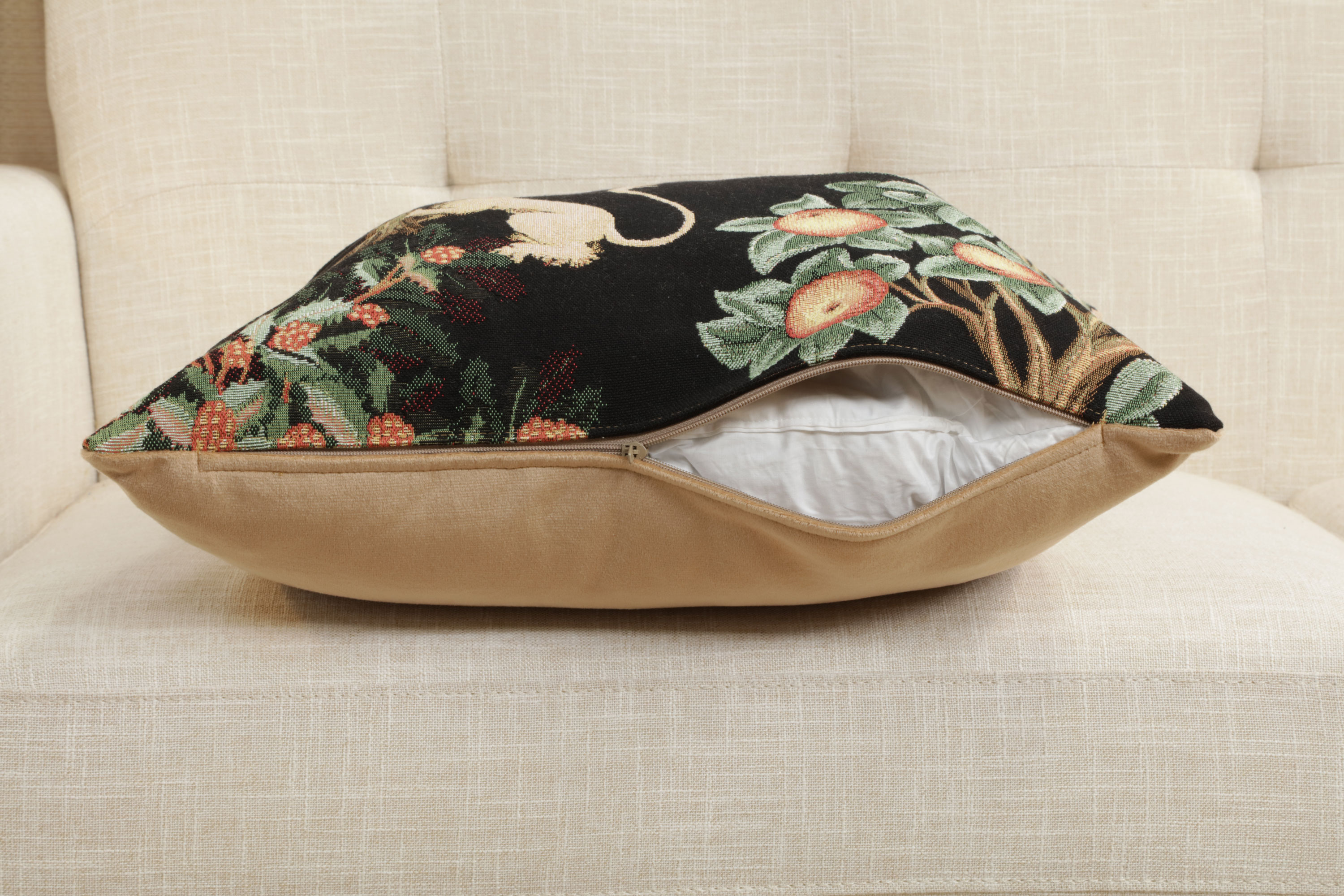 Medieval Lion and Pheasant Forest Black Tapestry Pillow Cover 19x19 Inch Cotton Jacquard Woven Cushion Cover