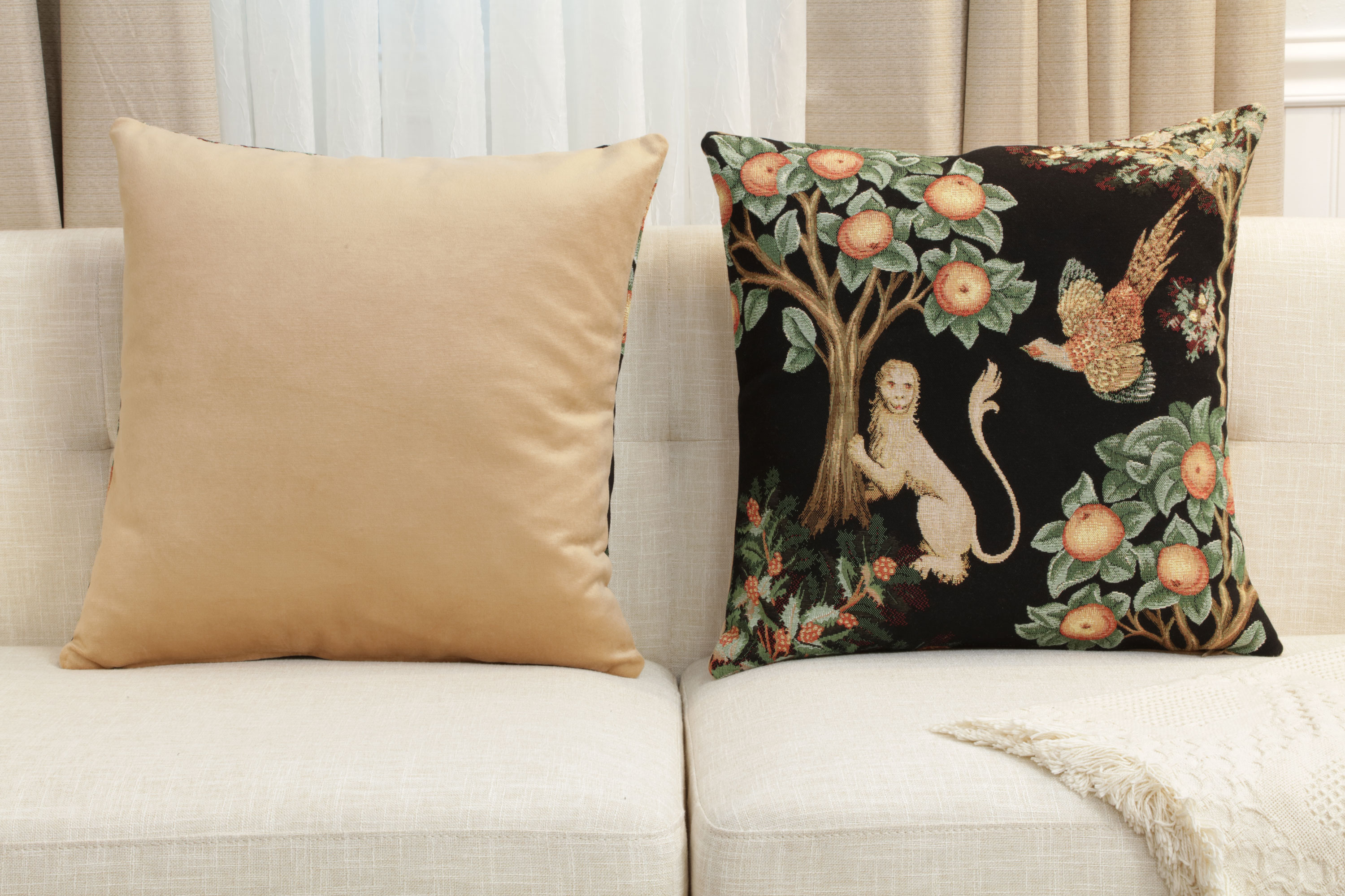Medieval Lion and Pheasant Forest Black Tapestry Pillow Cover 19x19 Inch Cotton Jacquard Woven Cushion Cover
