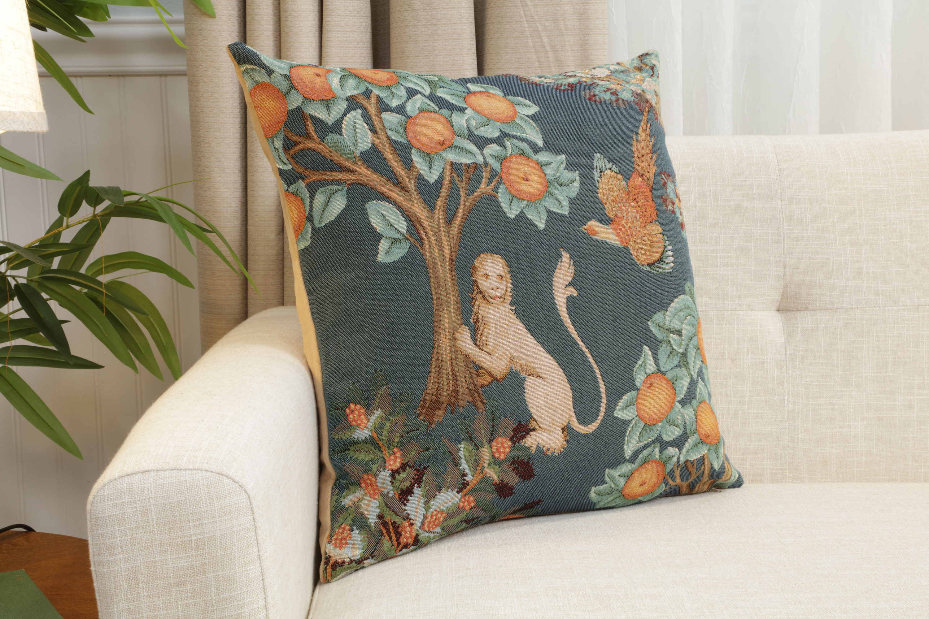 Medieval Lion and Pheasant Forest Blue Tapestry Pillow Cover 19x19 Inch Cotton Jacquard Woven Cushion Cover