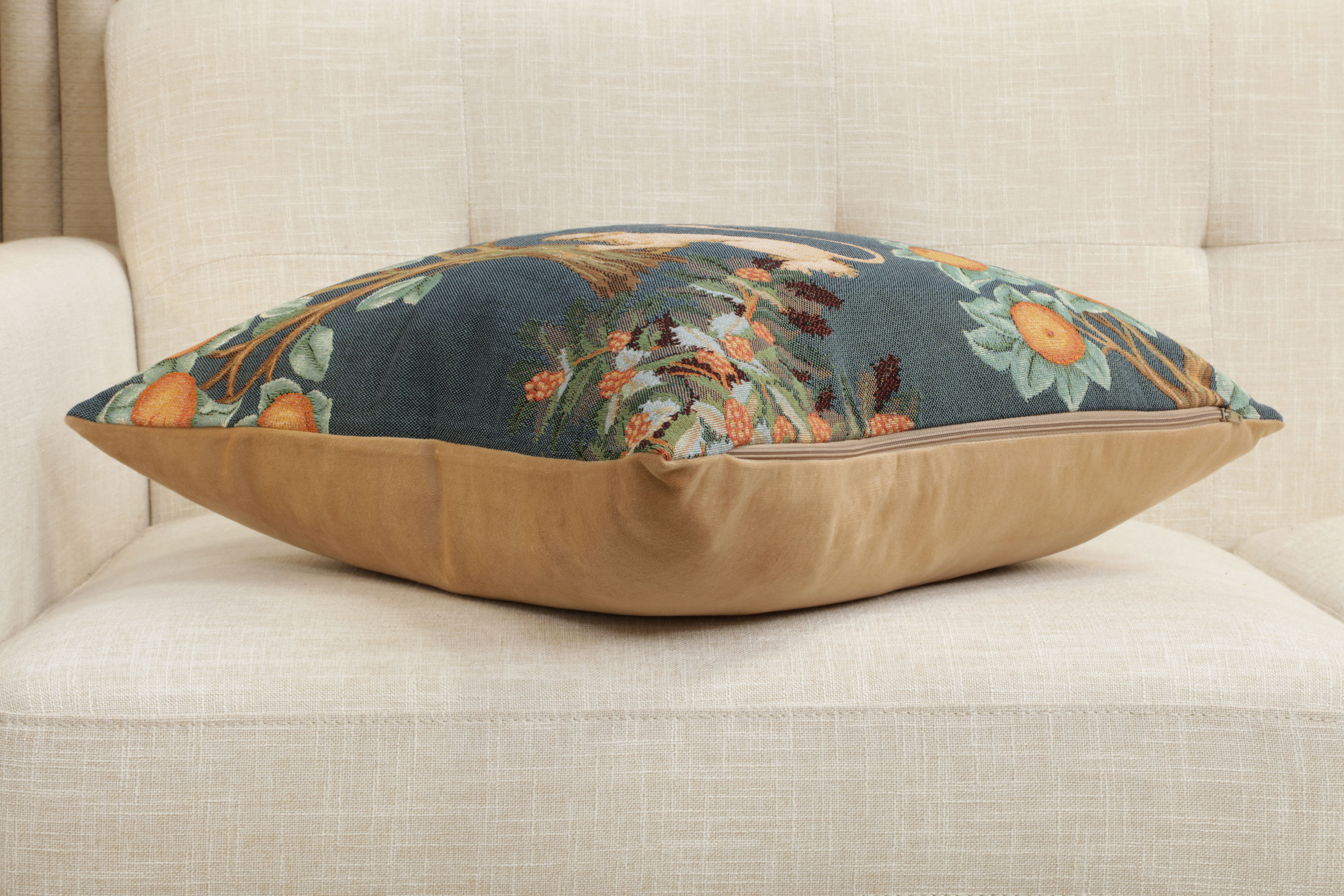 Medieval Lion and Pheasant Forest Blue Tapestry Pillow Cover 19x19 Inch Cotton Jacquard Woven Cushion Cover