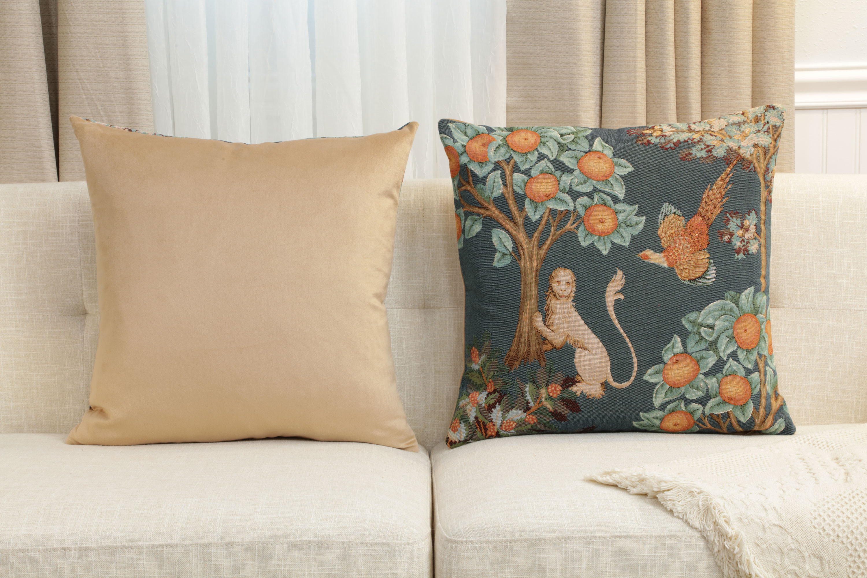 Medieval Lion and Pheasant Forest Blue Tapestry Pillow Cover 19x19 Inch Cotton Jacquard Woven Cushion Cover