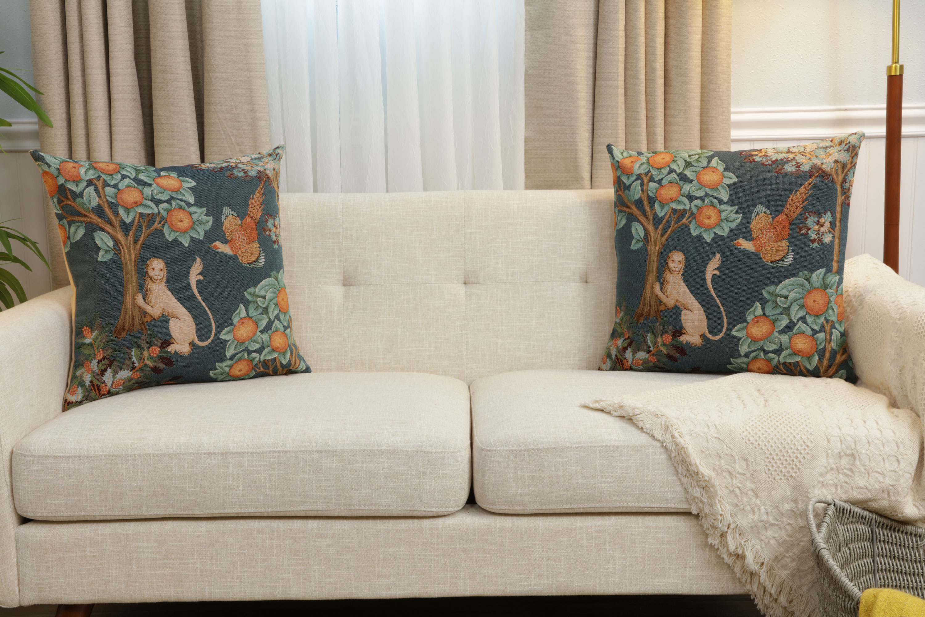 Medieval Lion and Pheasant Forest Blue Tapestry Pillow Cover 19x19 Inch Cotton Jacquard Woven Cushion Cover