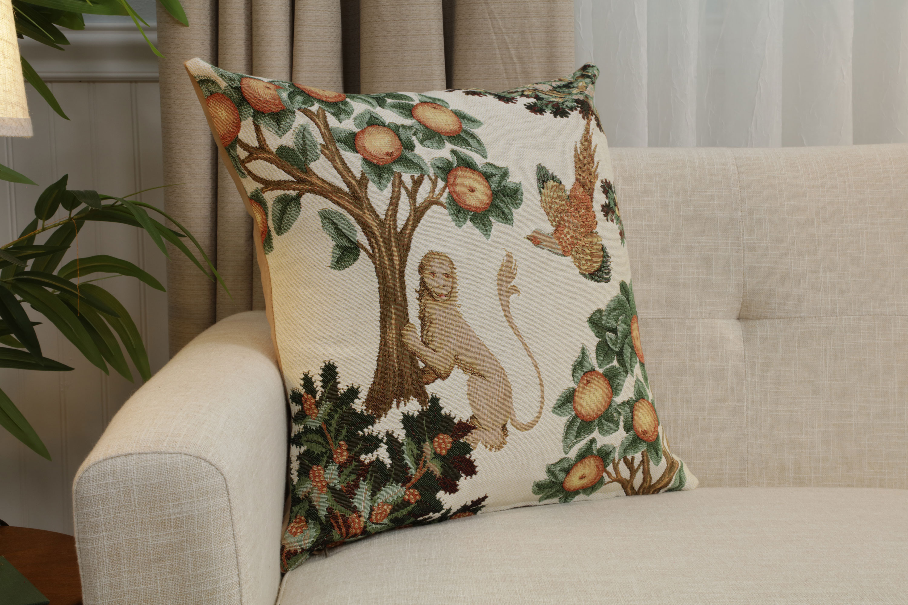 Medieval Lion and Pheasant Forest White Tapestry Pillow Cover 19x19 Inch Cotton Jacquard Woven Cushion Cover