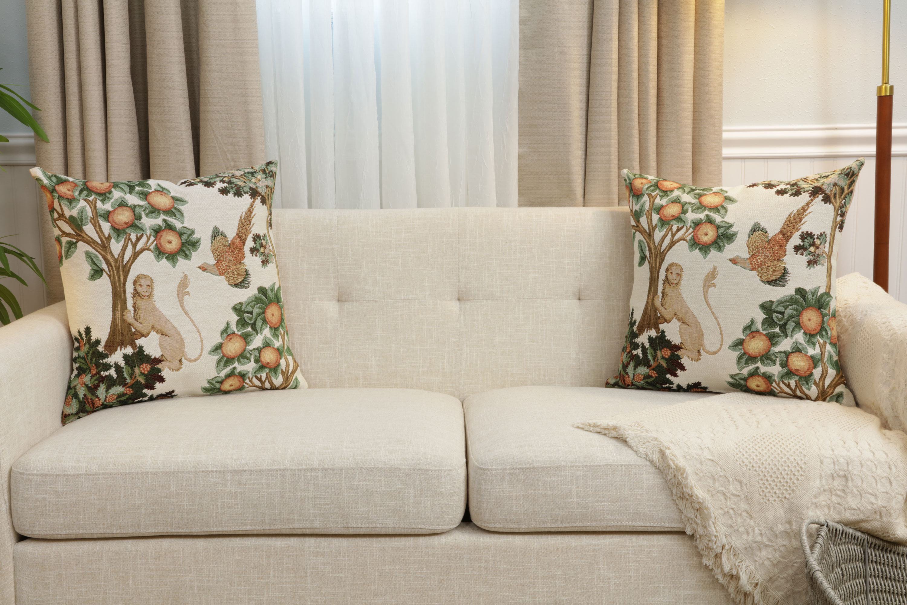 Medieval Lion and Pheasant Forest White Tapestry Pillow Cover 19x19 Inch Cotton Jacquard Woven Cushion Cover