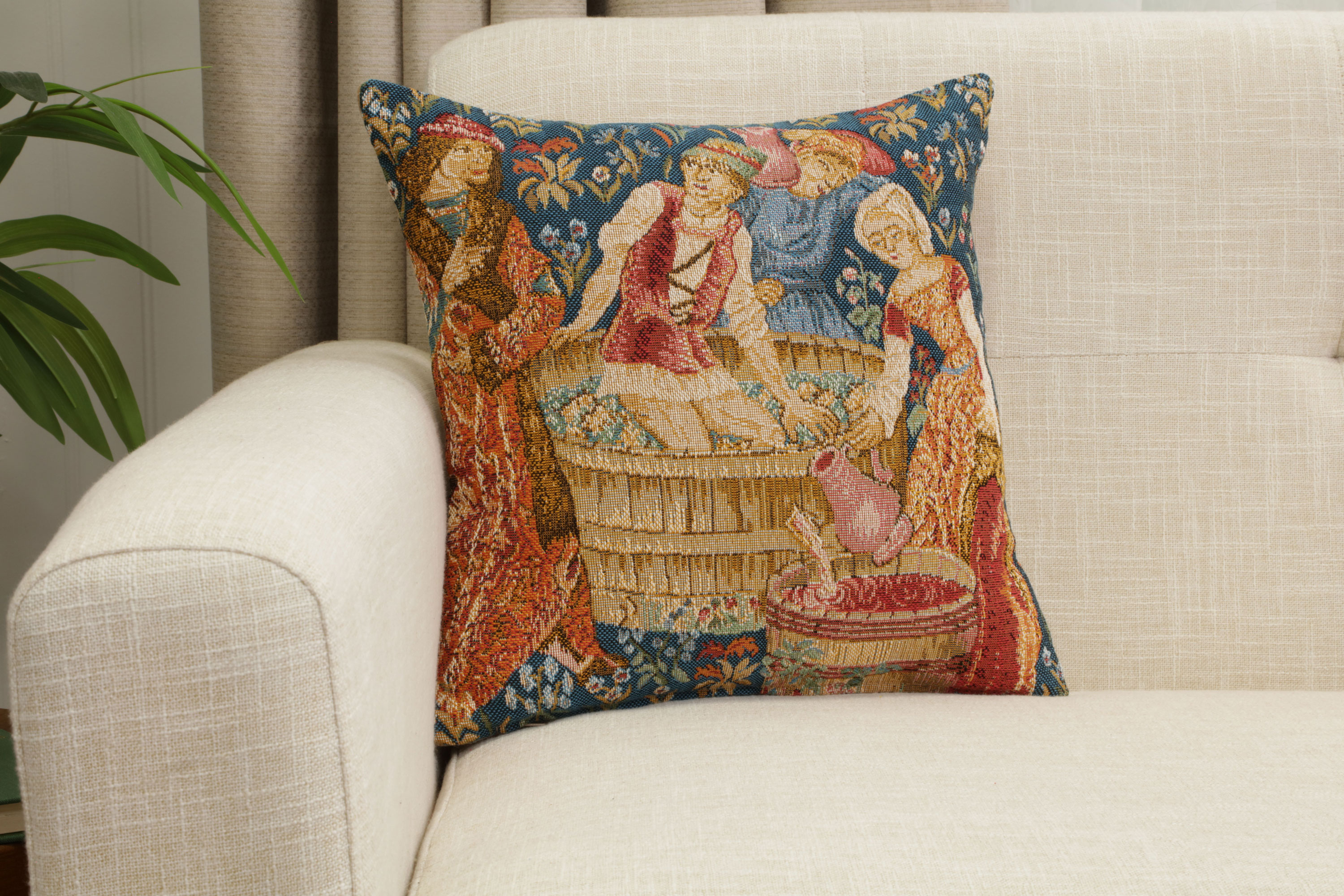 Medieval The Wine Press Small Tapestry Pillow Cover 14x14 Inch Cotton Jacquard Woven Cushion Cover