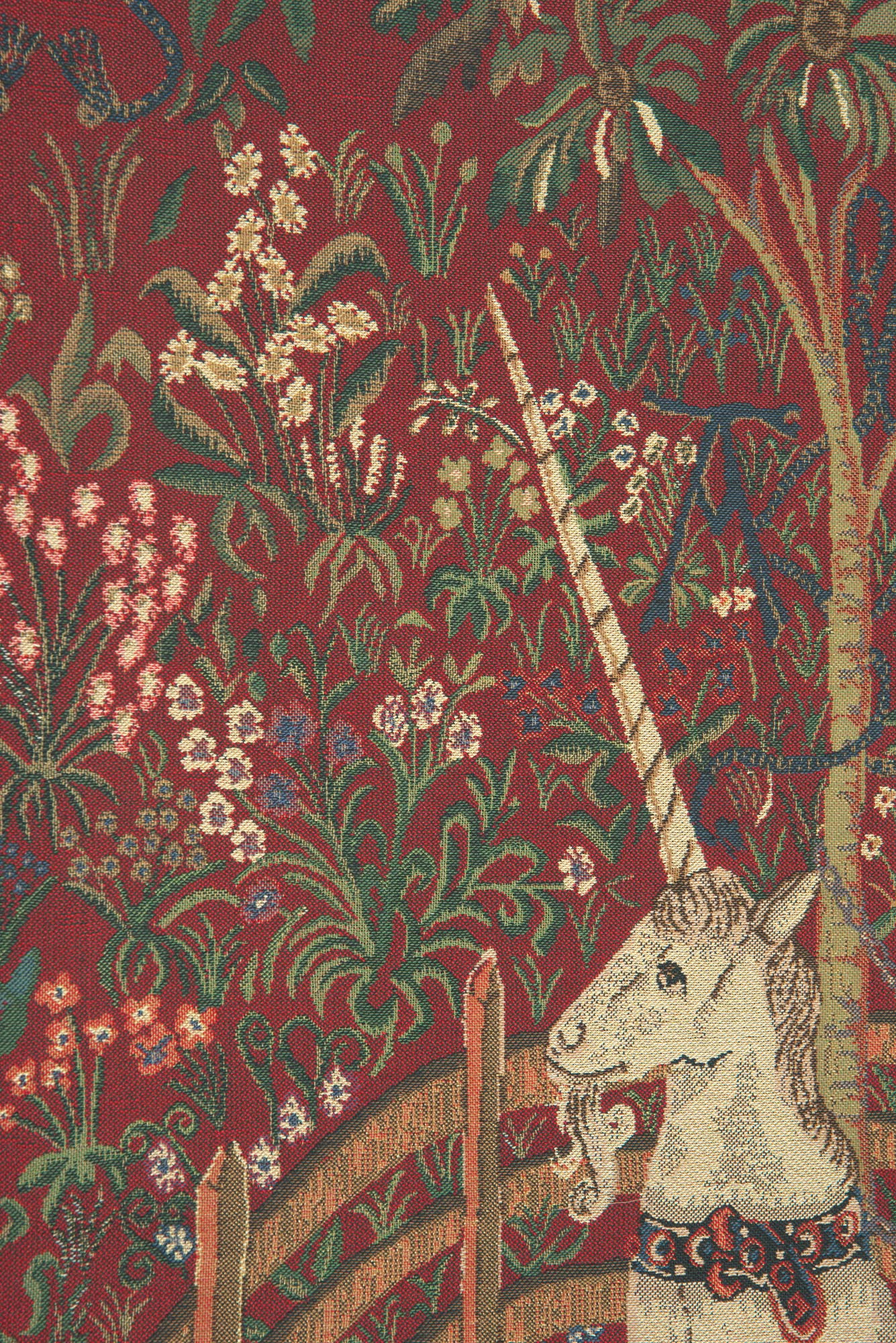 Medieval Unicorn In Captivity Red Vintage Tapestry Wall Hanging 34 x 27 in Millefleurs Unicorn Jacquard Woven Wall Art