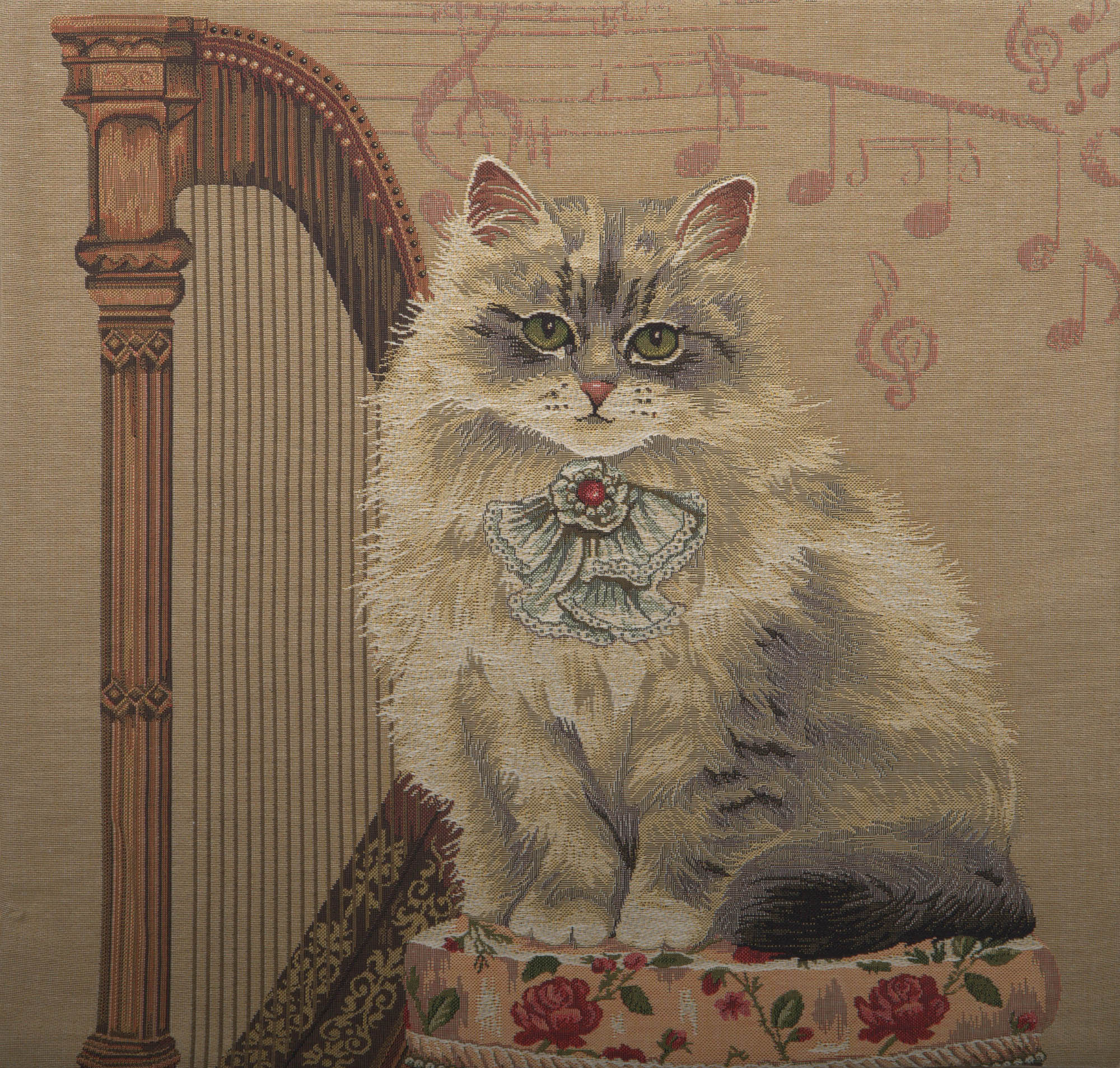 Cat with Harp Belgian Tapestry Pillow Cover 18x18 Inch Cotton Jacquard Woven Cushion Cover