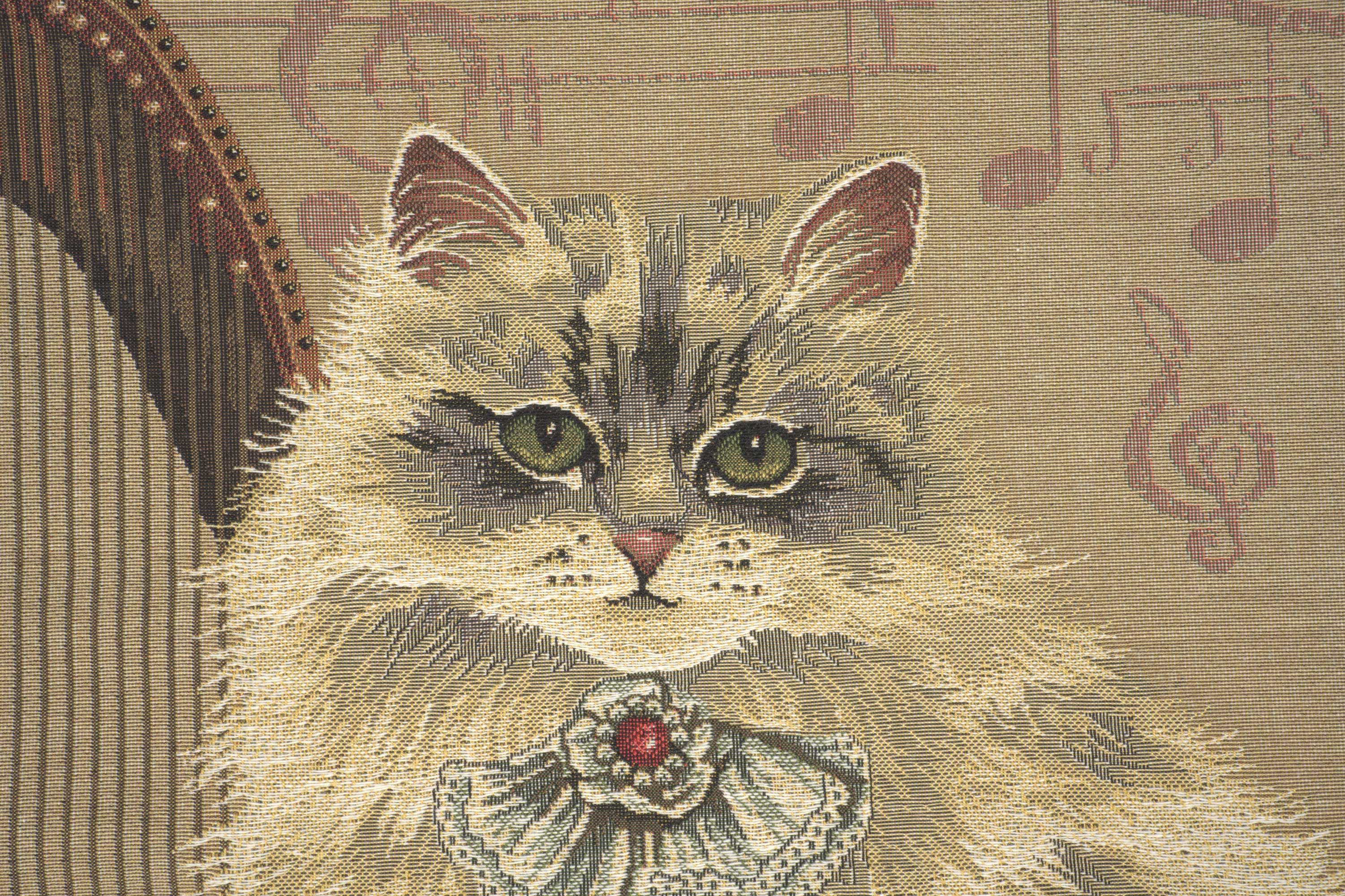Cat with Harp Belgian Tapestry Pillow Cover 18x18 Inch Cotton Jacquard Woven Cushion Cover