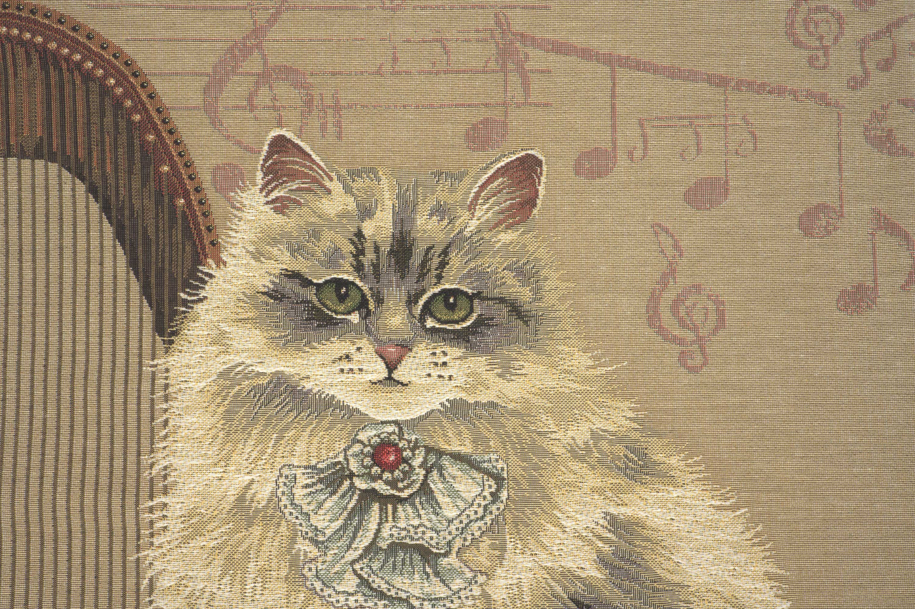 Cat with Harp Belgian Tapestry Pillow Cover 18x18 Inch Cotton Jacquard Woven Cushion Cover