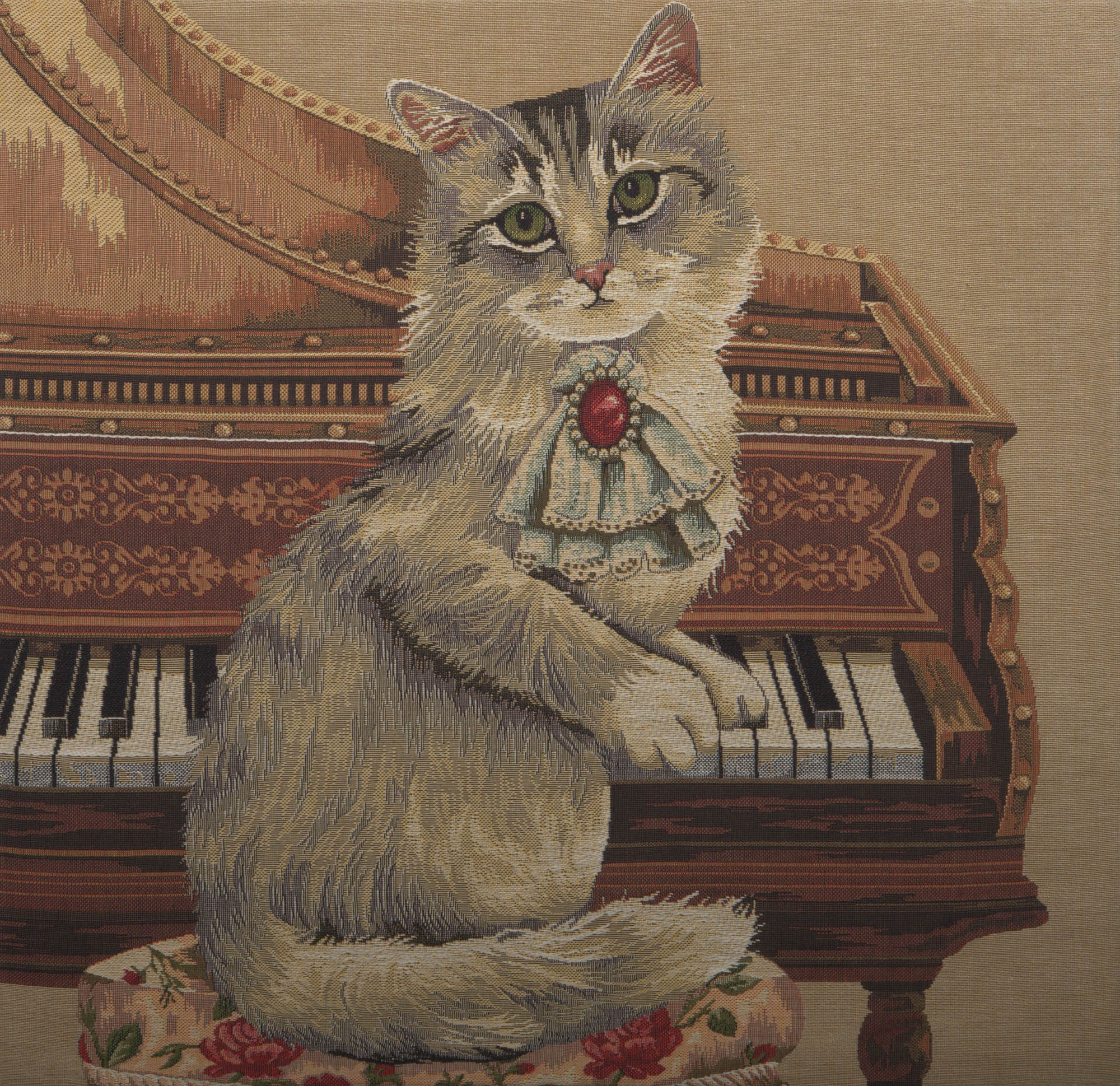 Cat with Piano Belgian Tapestry Pillow Cover 18x18 Inch Cotton Jacquard Woven Cushion Cover