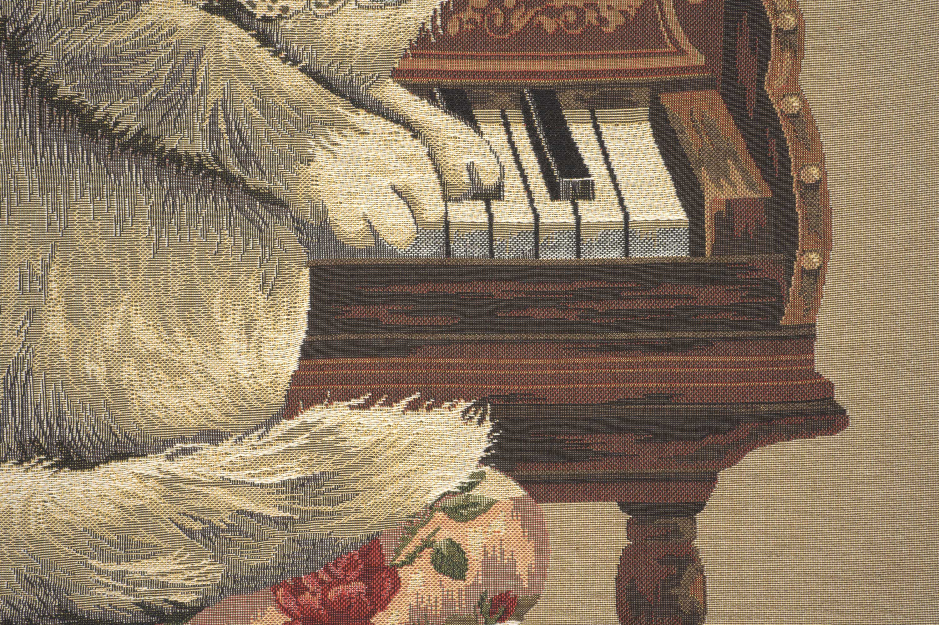 Cat with Piano Belgian Tapestry Pillow Cover 18x18 Inch Cotton Jacquard Woven Cushion Cover