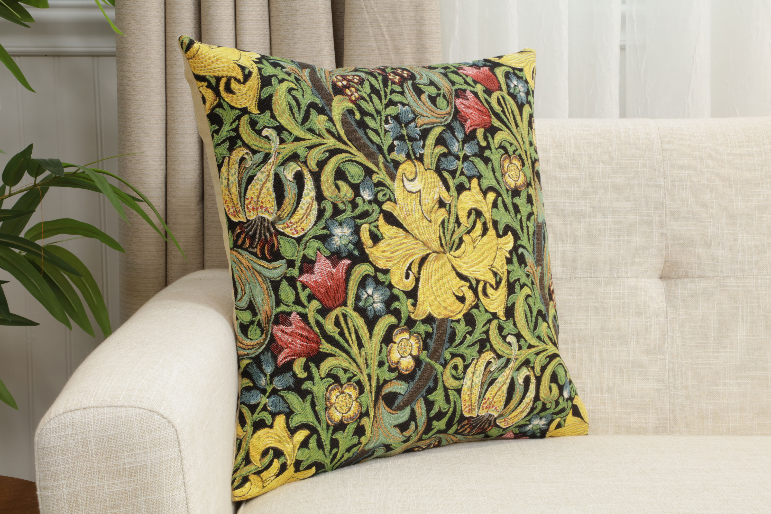 Golden Lily Black Belgian Tapestry Pillow Cover 18x18 inch 100% Cotton Belgian Jacquard Woven Cushion Cover