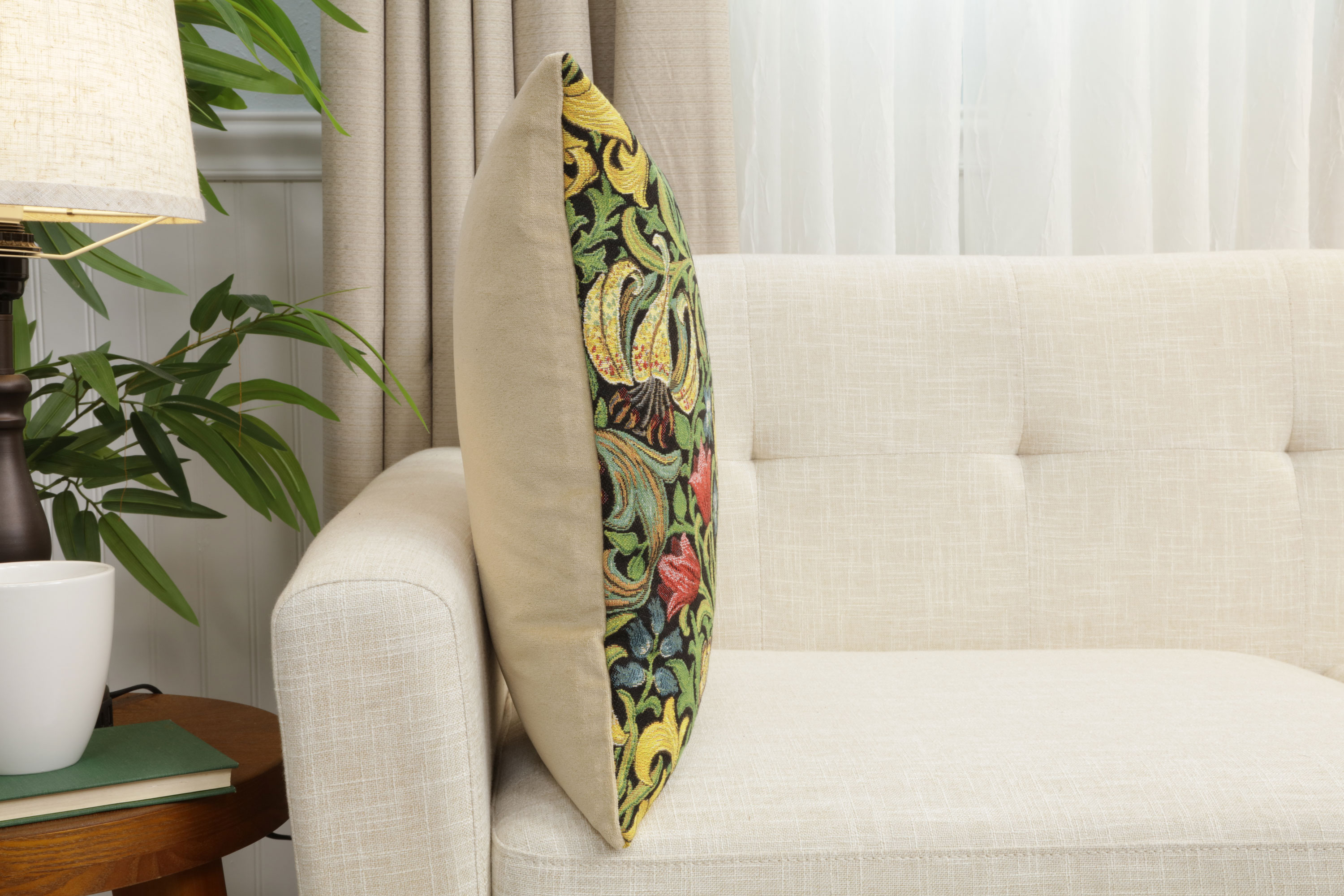 Golden Lily Black Belgian Tapestry Pillow Cover 18x18 inch 100% Cotton Belgian Jacquard Woven Cushion Cover
