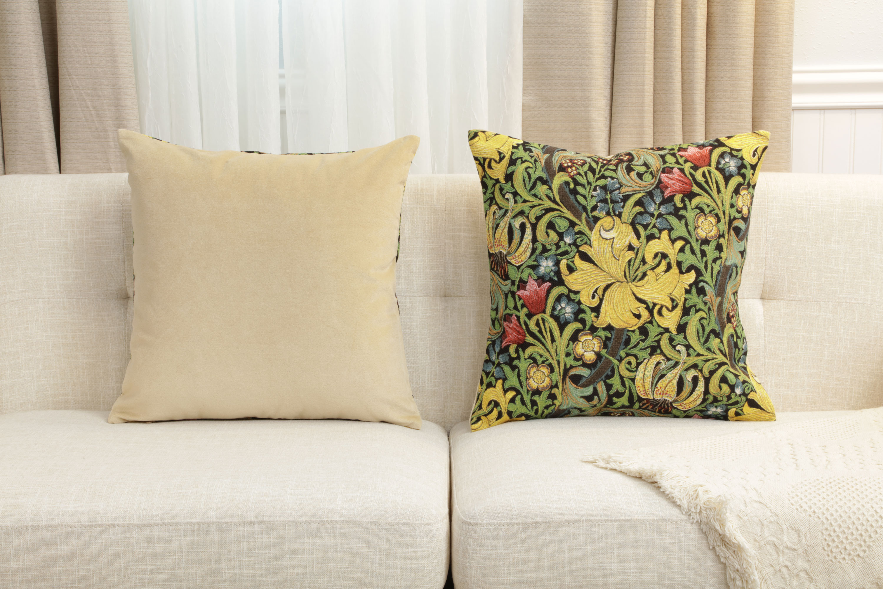 Golden Lily Black Belgian Tapestry Pillow Cover 18x18 inch 100% Cotton Belgian Jacquard Woven Cushion Cover