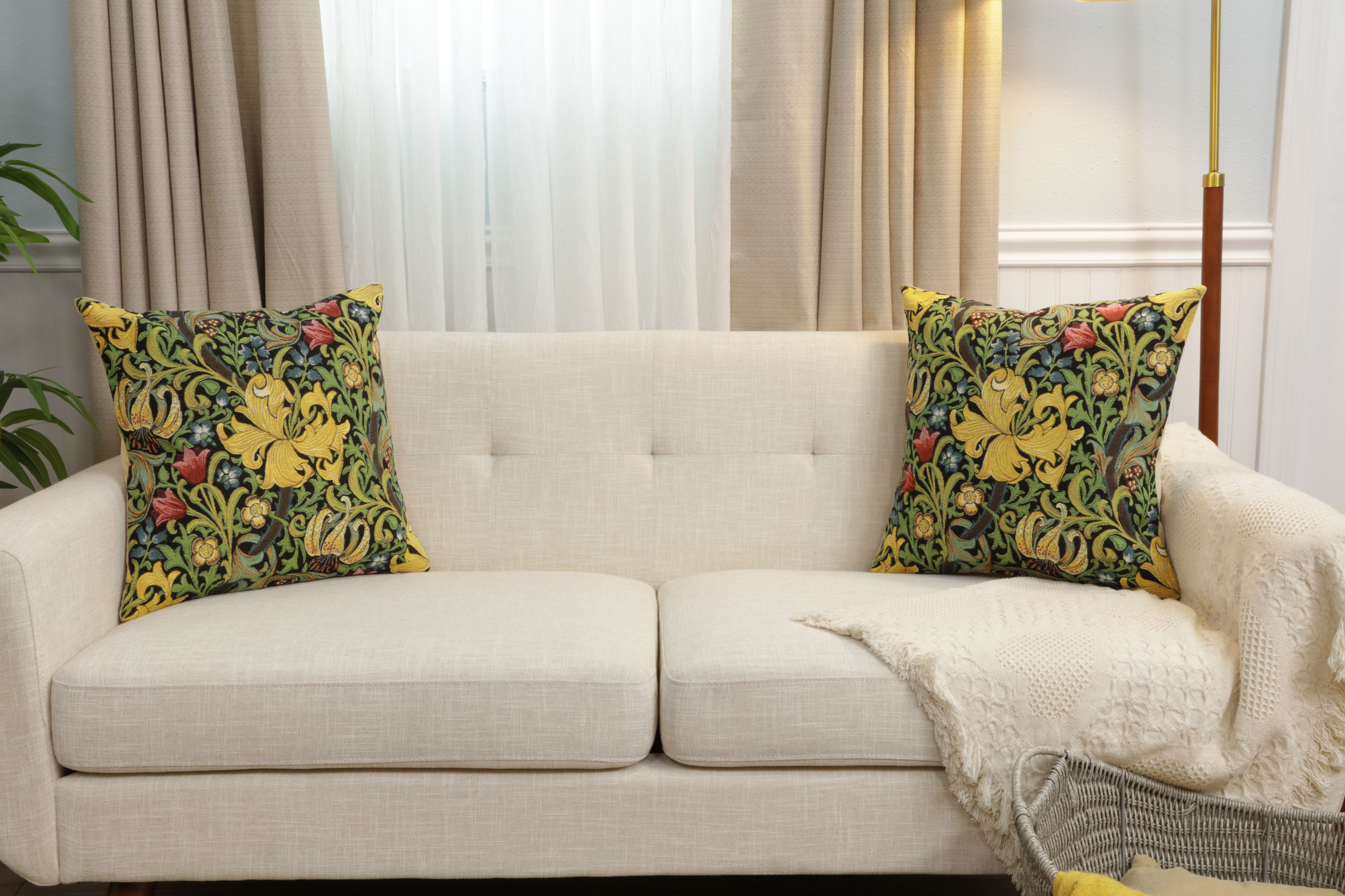 Golden Lily Black Belgian Tapestry Pillow Cover 18x18 inch 100% Cotton Belgian Jacquard Woven Cushion Cover