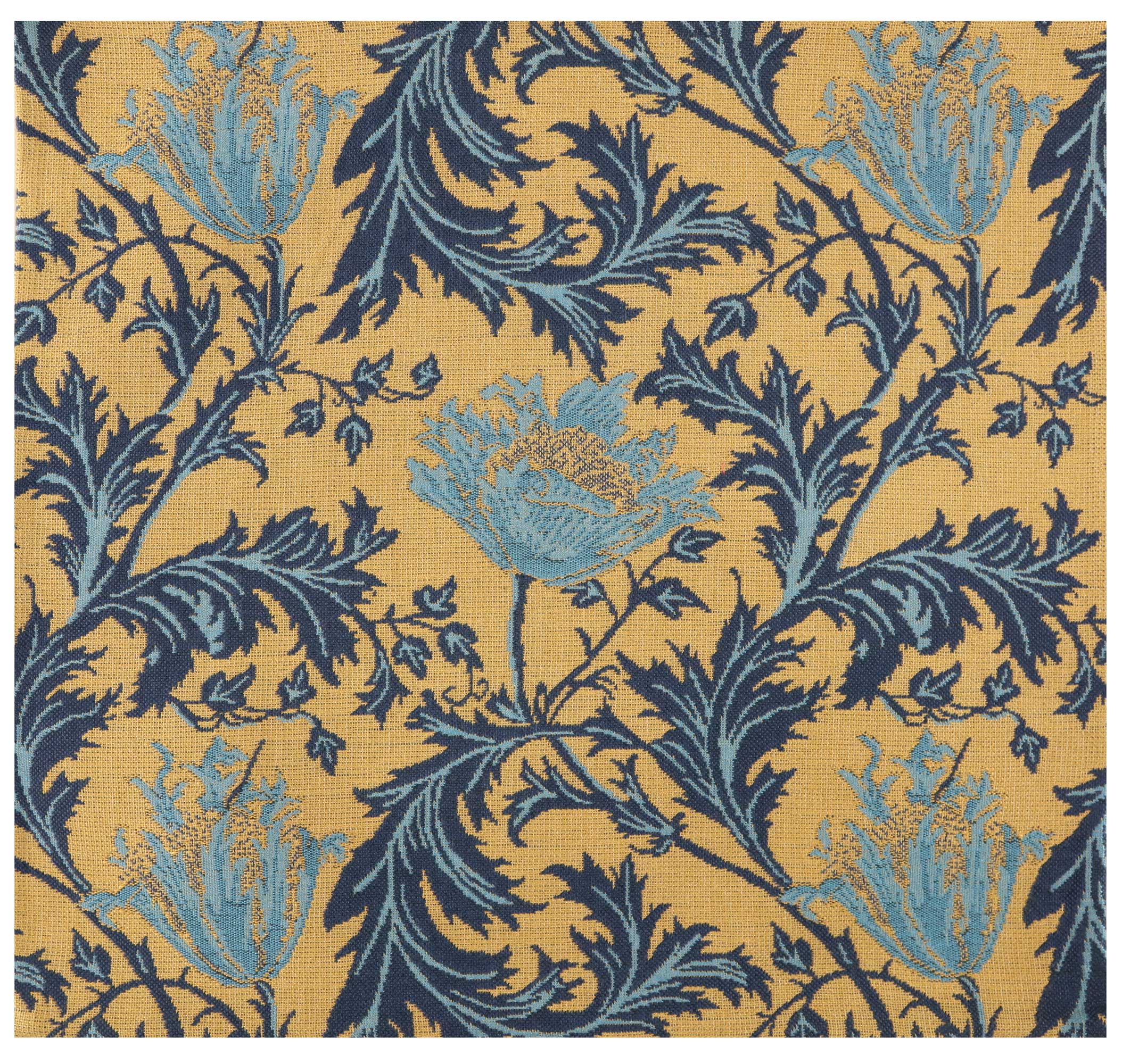Anemone Blue Gold Belgian Tapestry Pillow Cover 16x16 inch Cotton Jacquard Woven Cushion Cover
