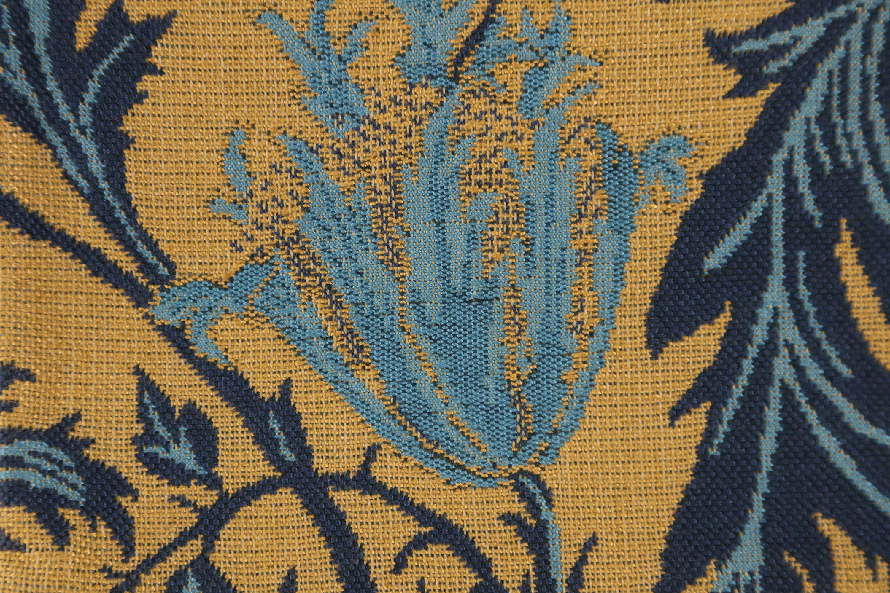 Anemone Blue Gold Belgian Tapestry Pillow Cover 16x16 inch Cotton Jacquard Woven Cushion Cover