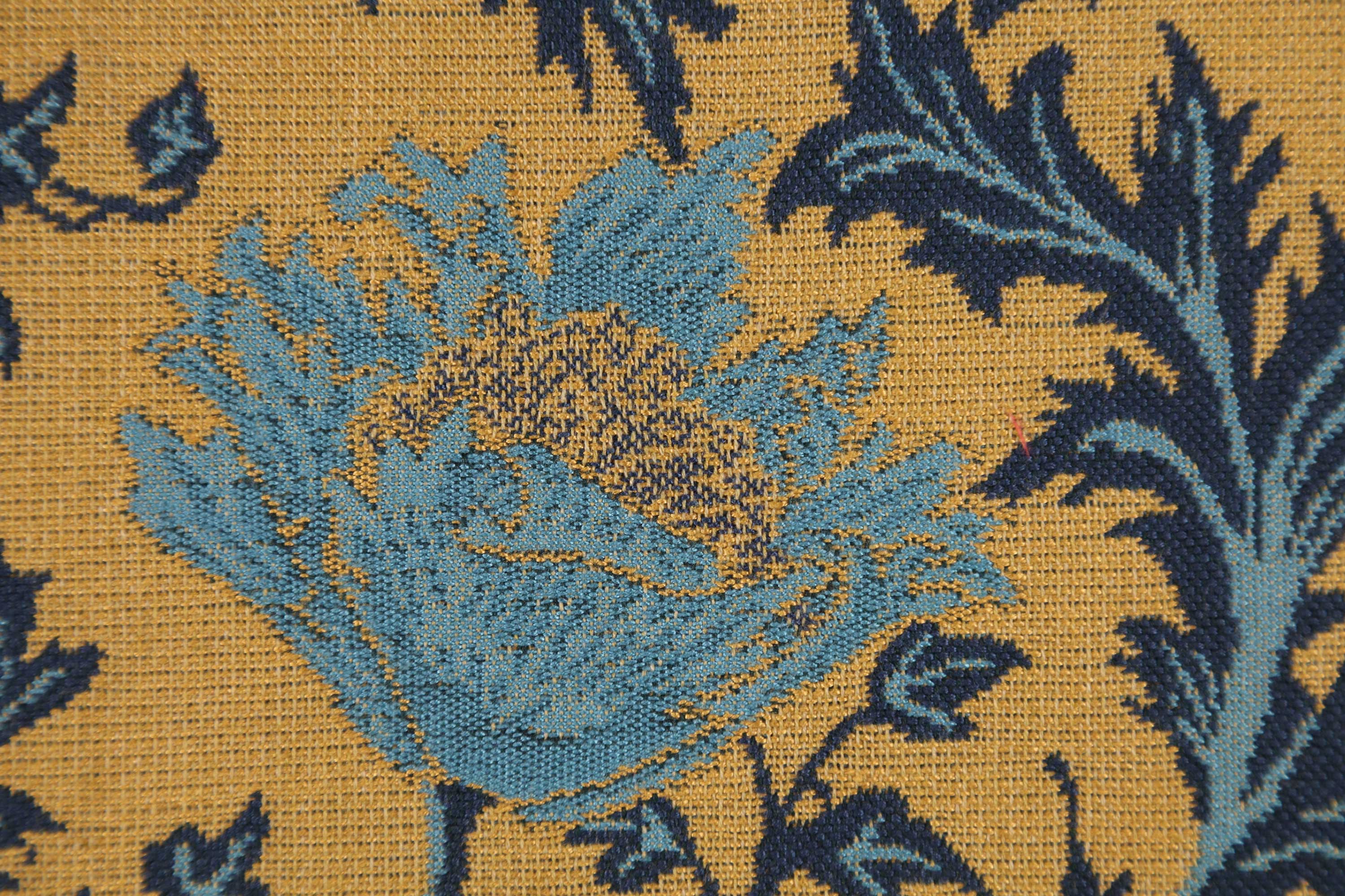 Anemone Blue Gold Belgian Tapestry Pillow Cover 16x16 inch Cotton Jacquard Woven Cushion Cover