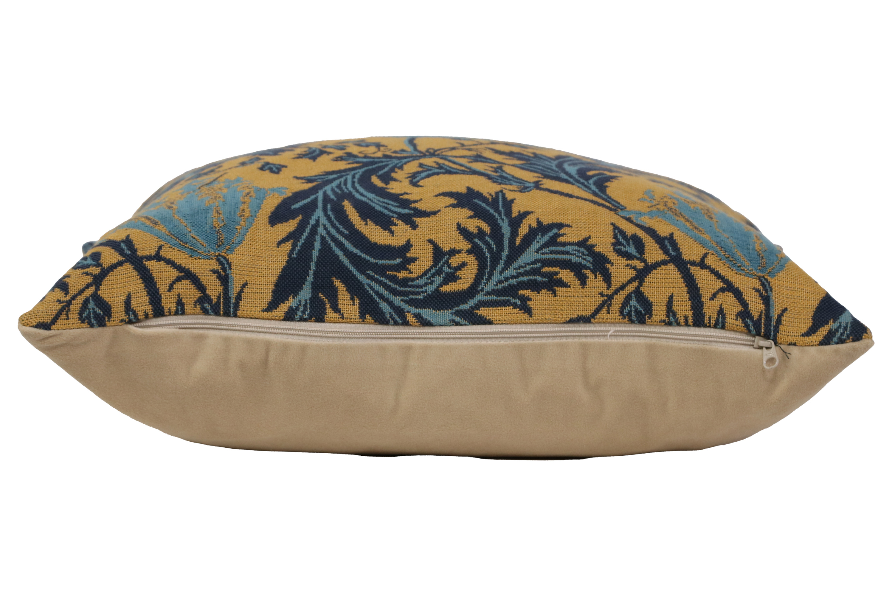 Anemone Blue Gold Belgian Tapestry Pillow Cover 16x16 inch Cotton Jacquard Woven Cushion Cover