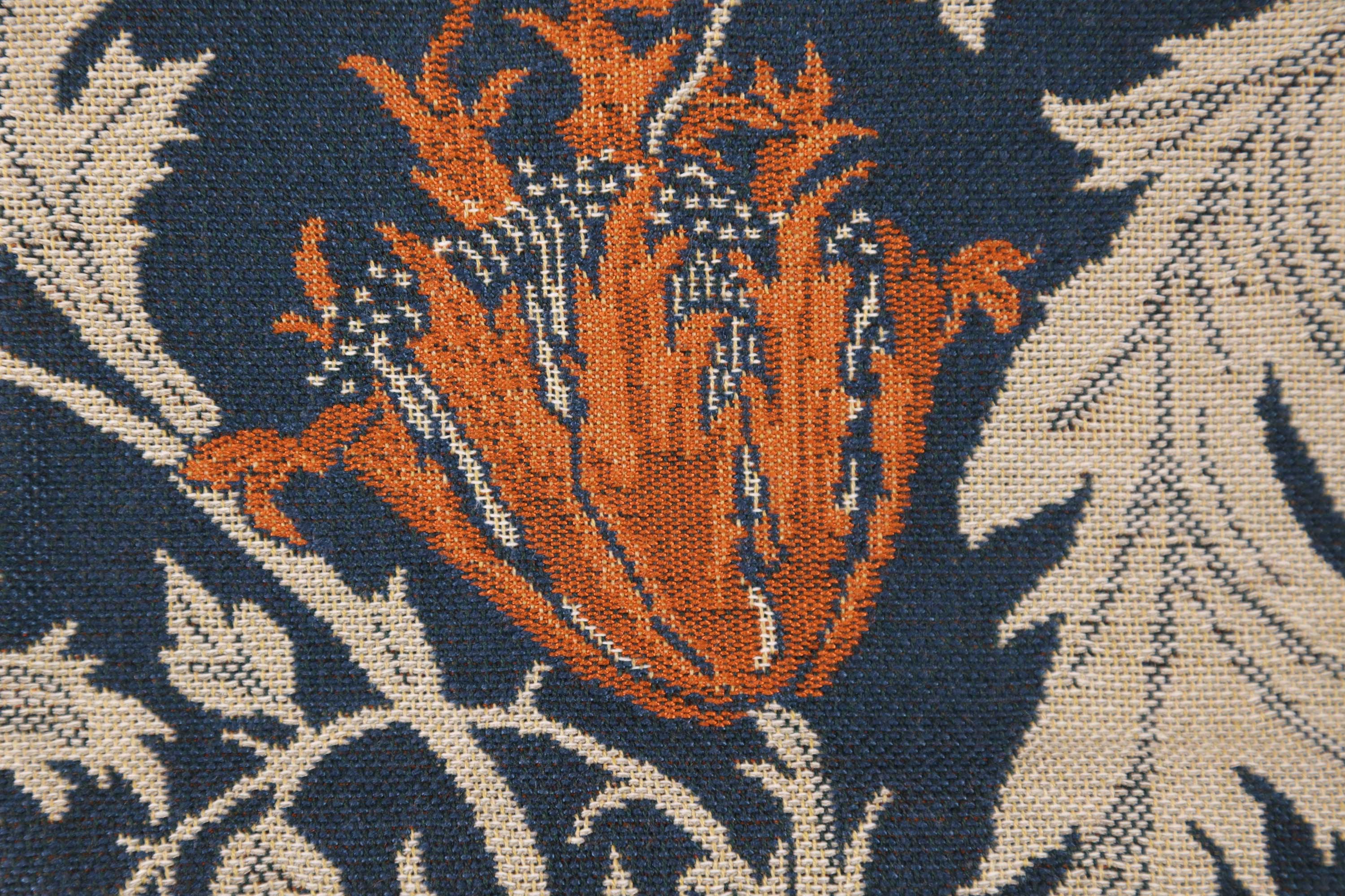 Anemone Blue Rust Belgian Tapestry Pillow Cover 16x16 inch Cotton Jacquard Woven Cushion Cover