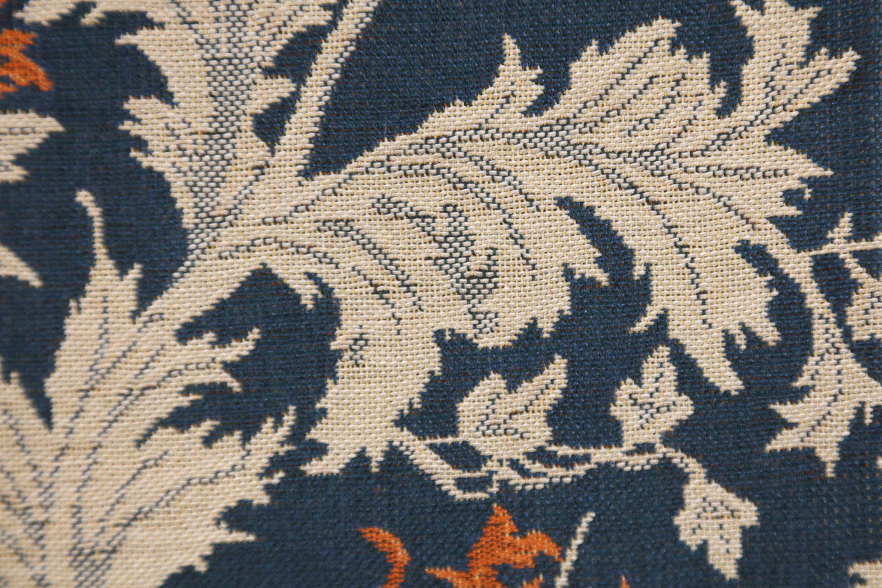 Anemone Blue Rust Belgian Tapestry Pillow Cover 16x16 inch Cotton Jacquard Woven Cushion Cover