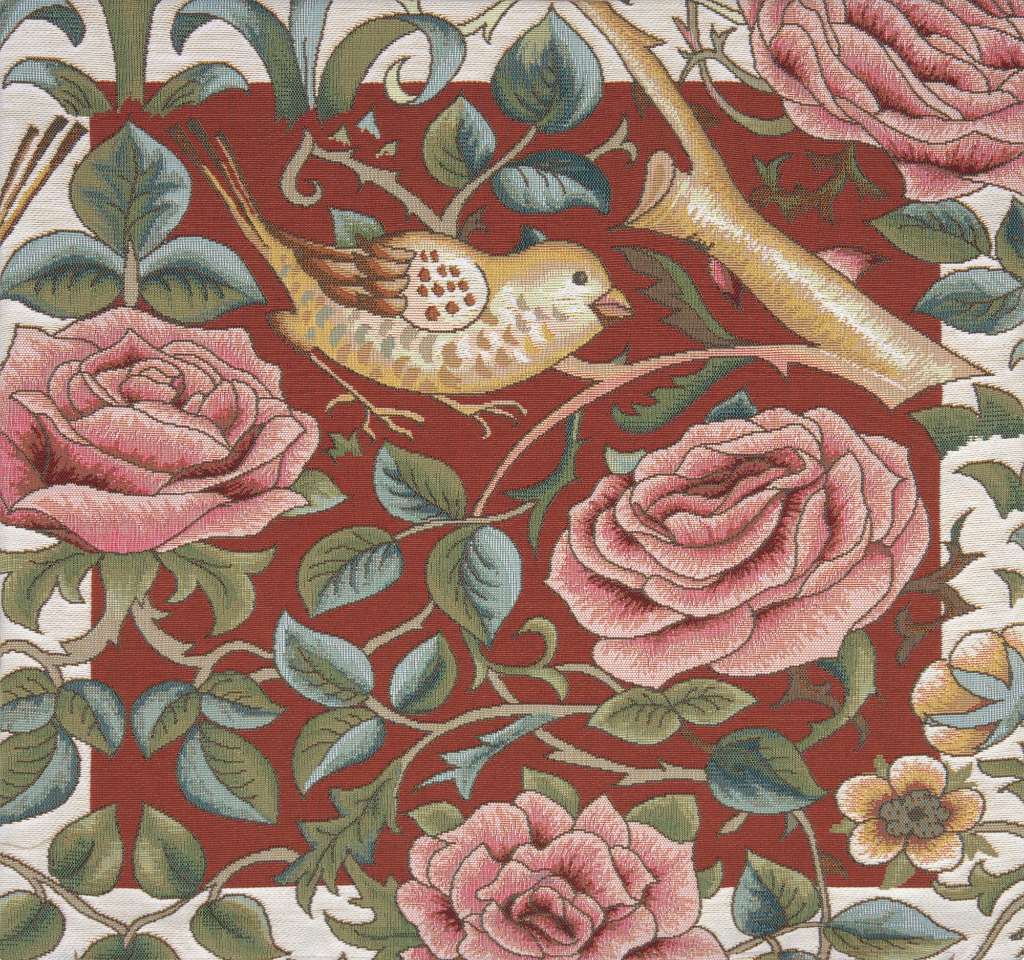Zoom Bird and Roses Red French Tapestry Pillow Cover 19x19 inch Cotton Jacquard Woven Cushion Cover