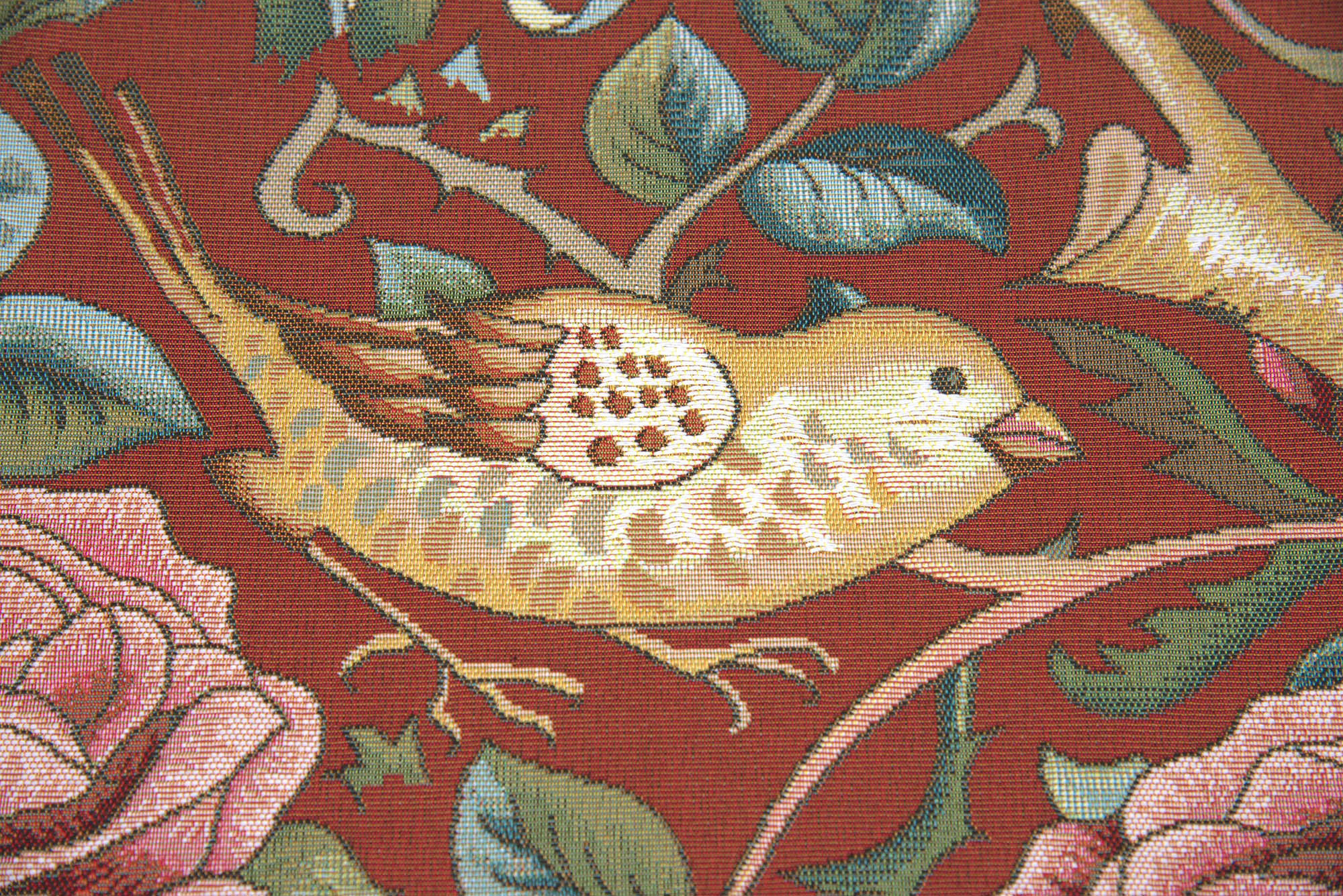 Zoom Bird and Roses Red French Tapestry Pillow Cover 19x19 inch Cotton Jacquard Woven Cushion Cover