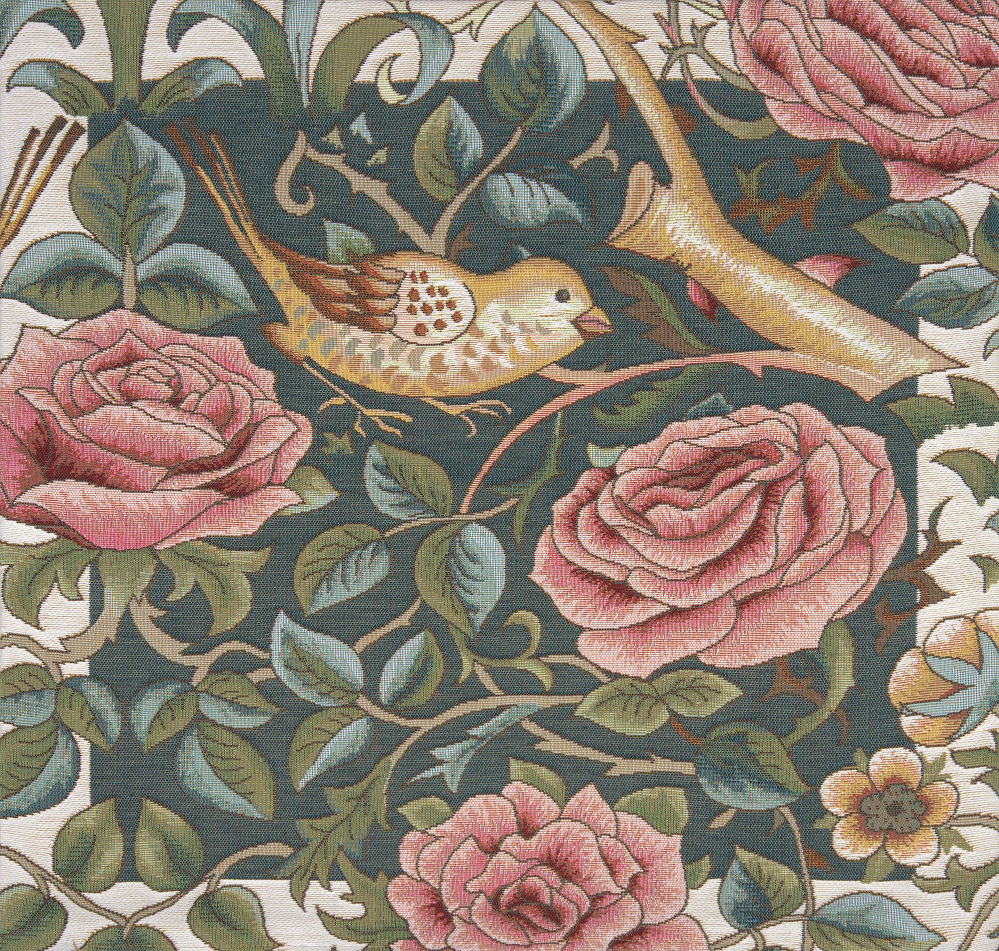 Zoom Bird and Roses Blue French Tapestry Pillow Cover 19x19 inch Cotton Jacquard Woven Cushion Cover