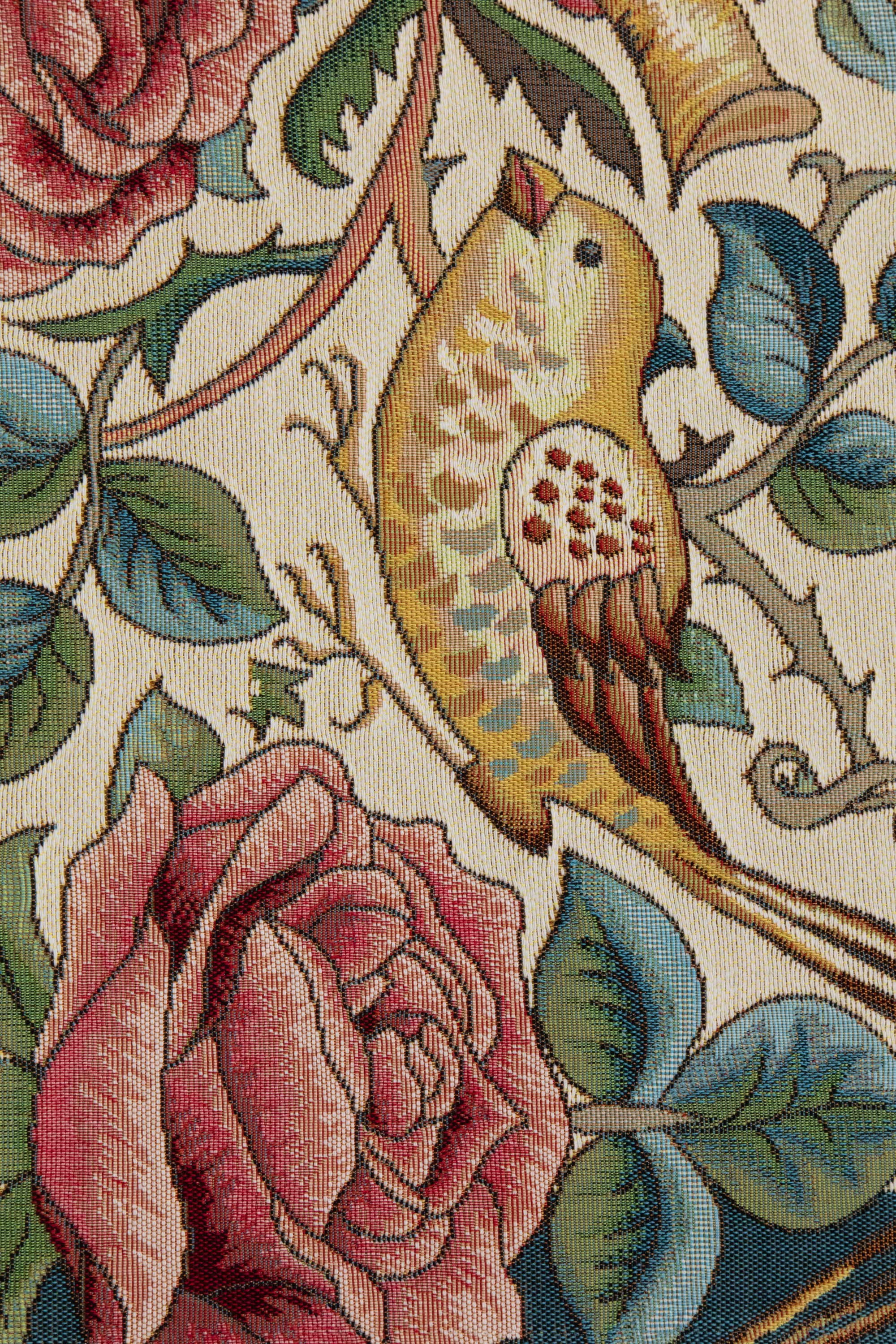 Roses and Birds II White French Jacquard Woven Table Runner 70x19 Inch Botanical Decor