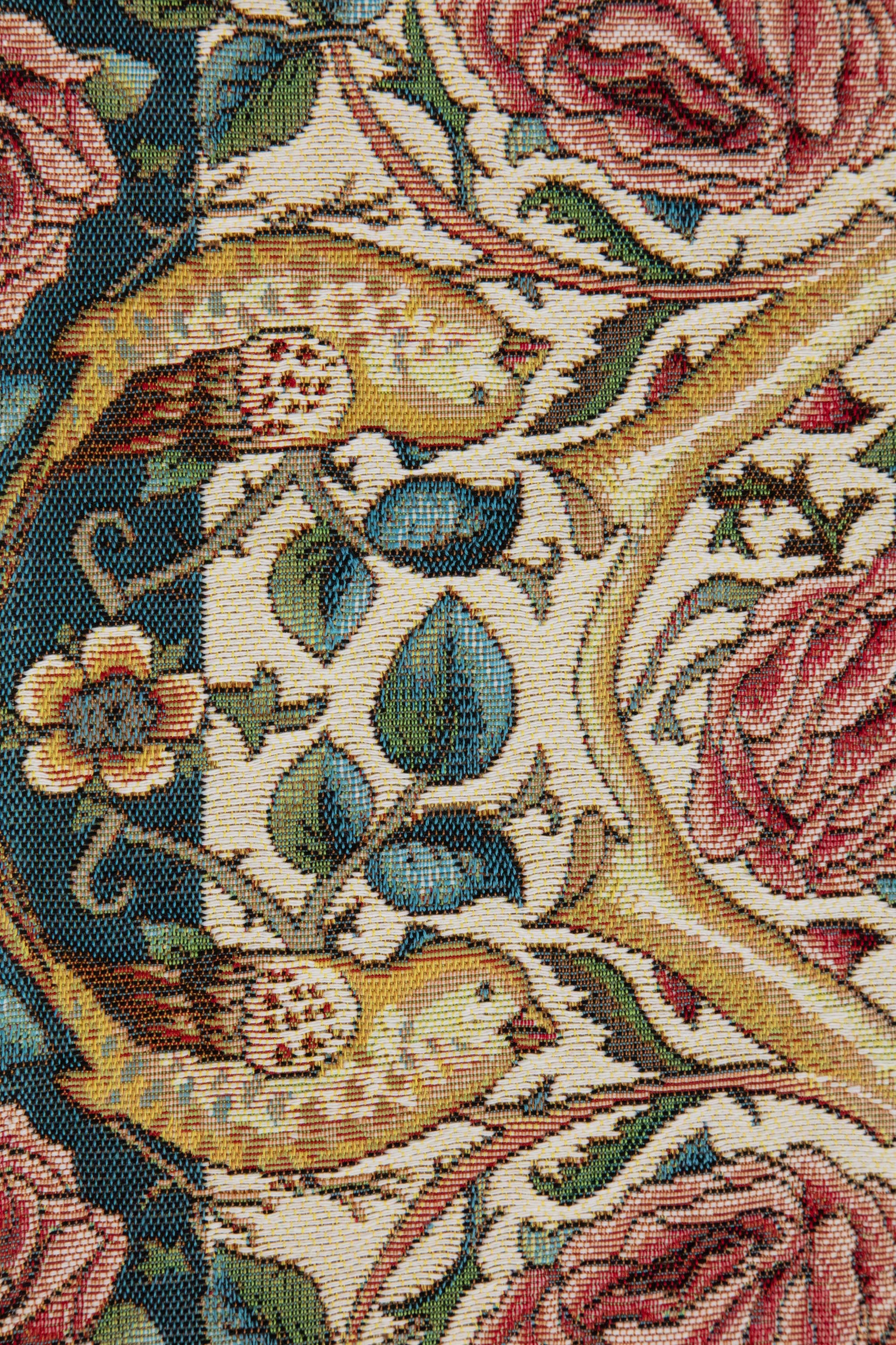 Roses and Birds II White French Jacquard Woven Table Runner 70x19 Inch Botanical Decor