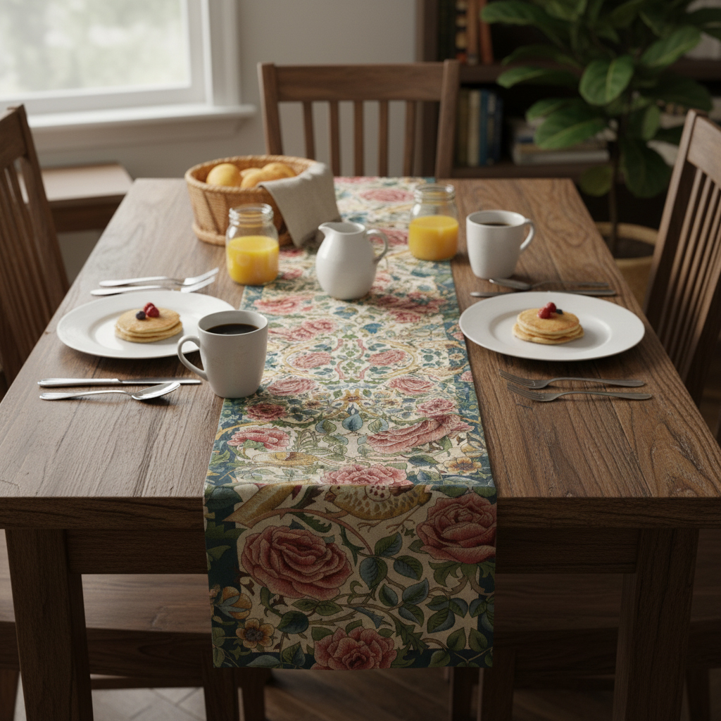 Roses and Birds II White French Jacquard Woven Table Runner 70x19 Inch Botanical Decor