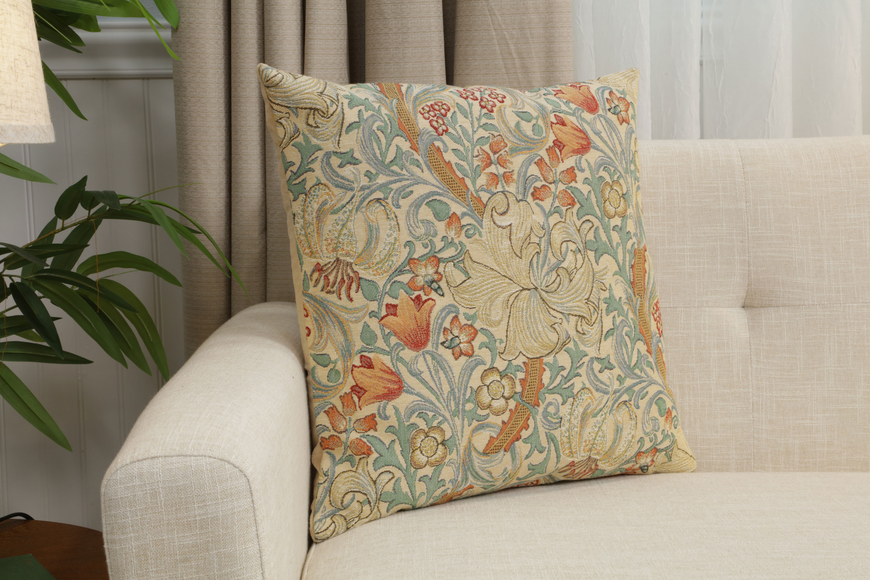 Golden Lily Light Belgian Tapestry Pillow Cover 18x18 inch 100% Cotton Belgian Jacquard Woven Cushion Cover