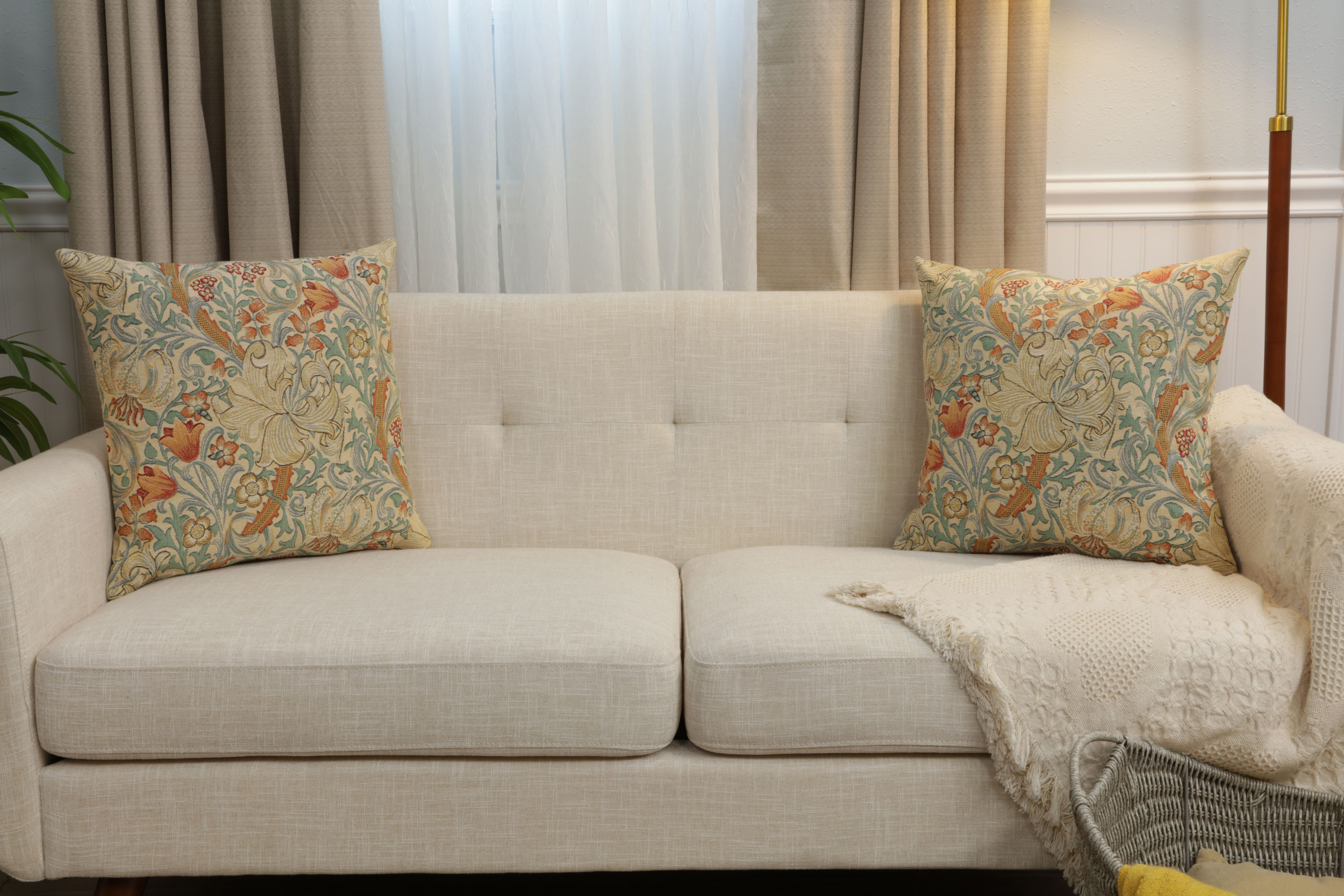 Golden Lily Light Belgian Tapestry Pillow Cover 18x18 inch 100% Cotton Belgian Jacquard Woven Cushion Cover