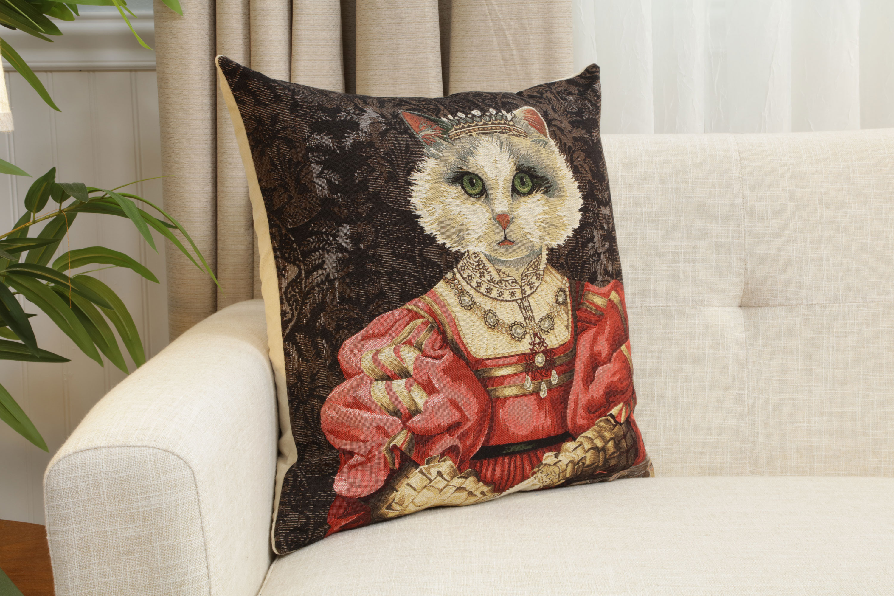 Cat with Crown Belgian Tapestry Pillow Cover 18x18 Inch Cotton Jacquard Woven Cushion Cover
