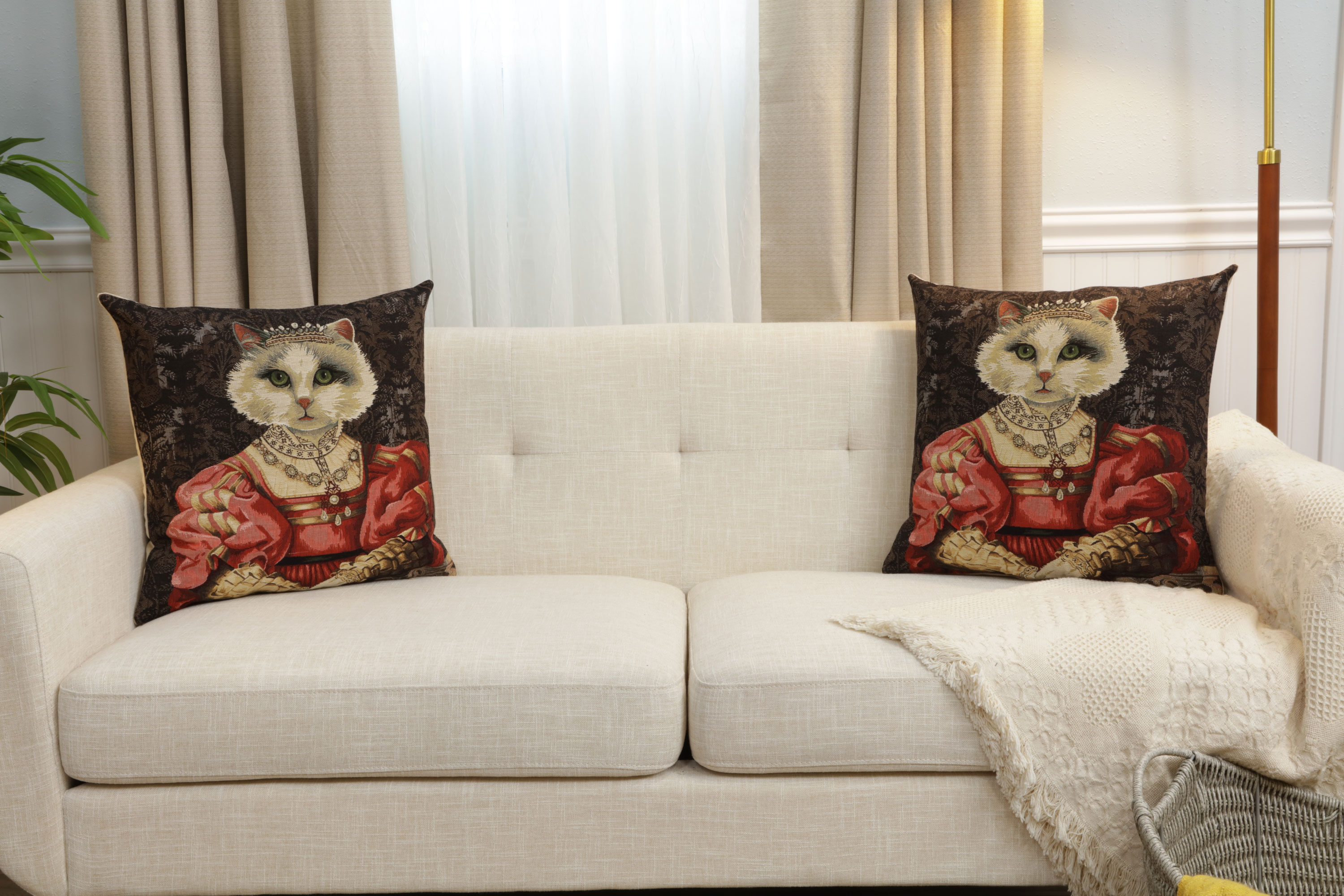Cat with Crown Belgian Tapestry Pillow Cover 18x18 Inch Cotton Jacquard Woven Cushion Cover