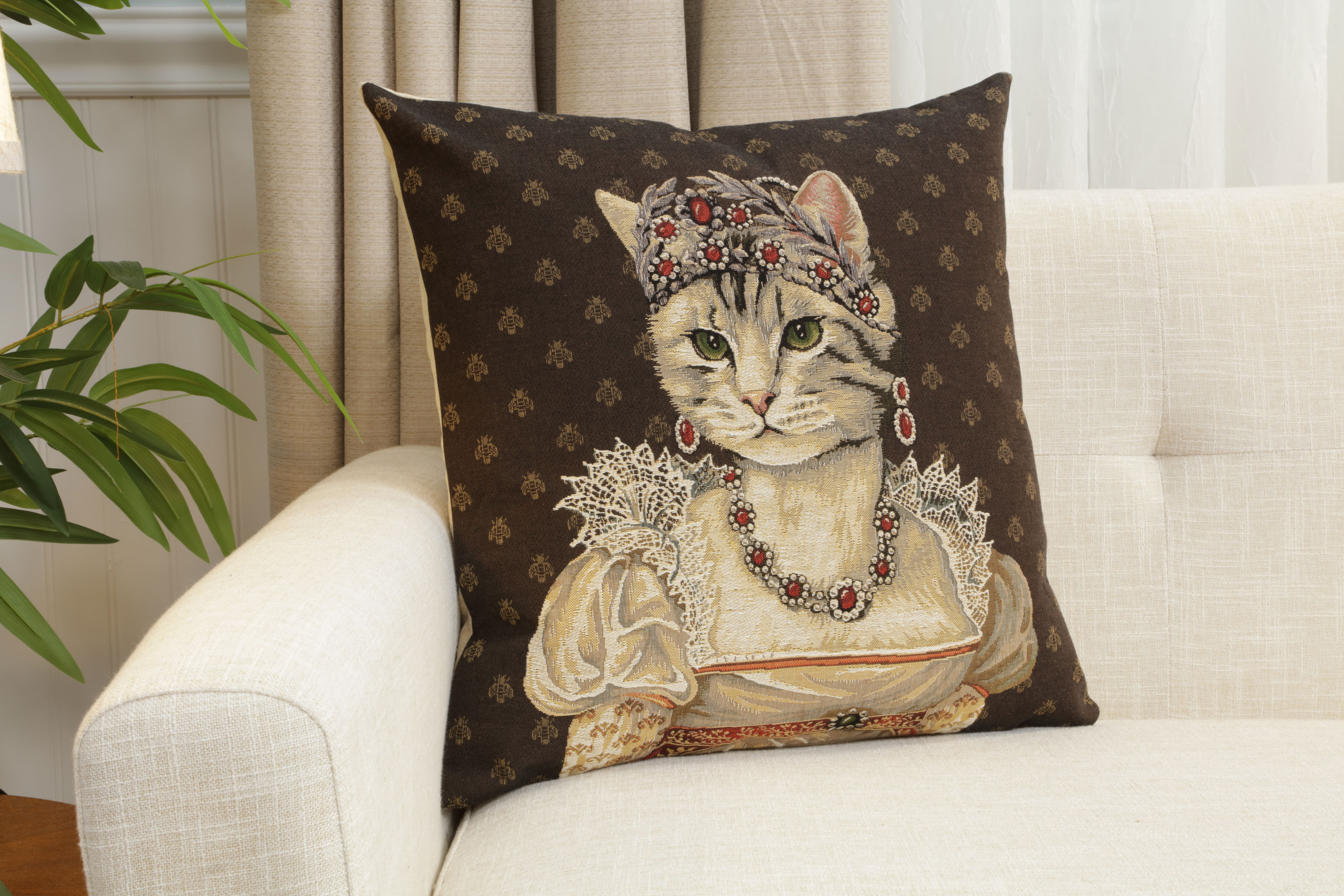Cat Josephine Belgian Tapestry Pillow Cover 18x18 Inch Cotton Jacquard Woven Cushion Cover