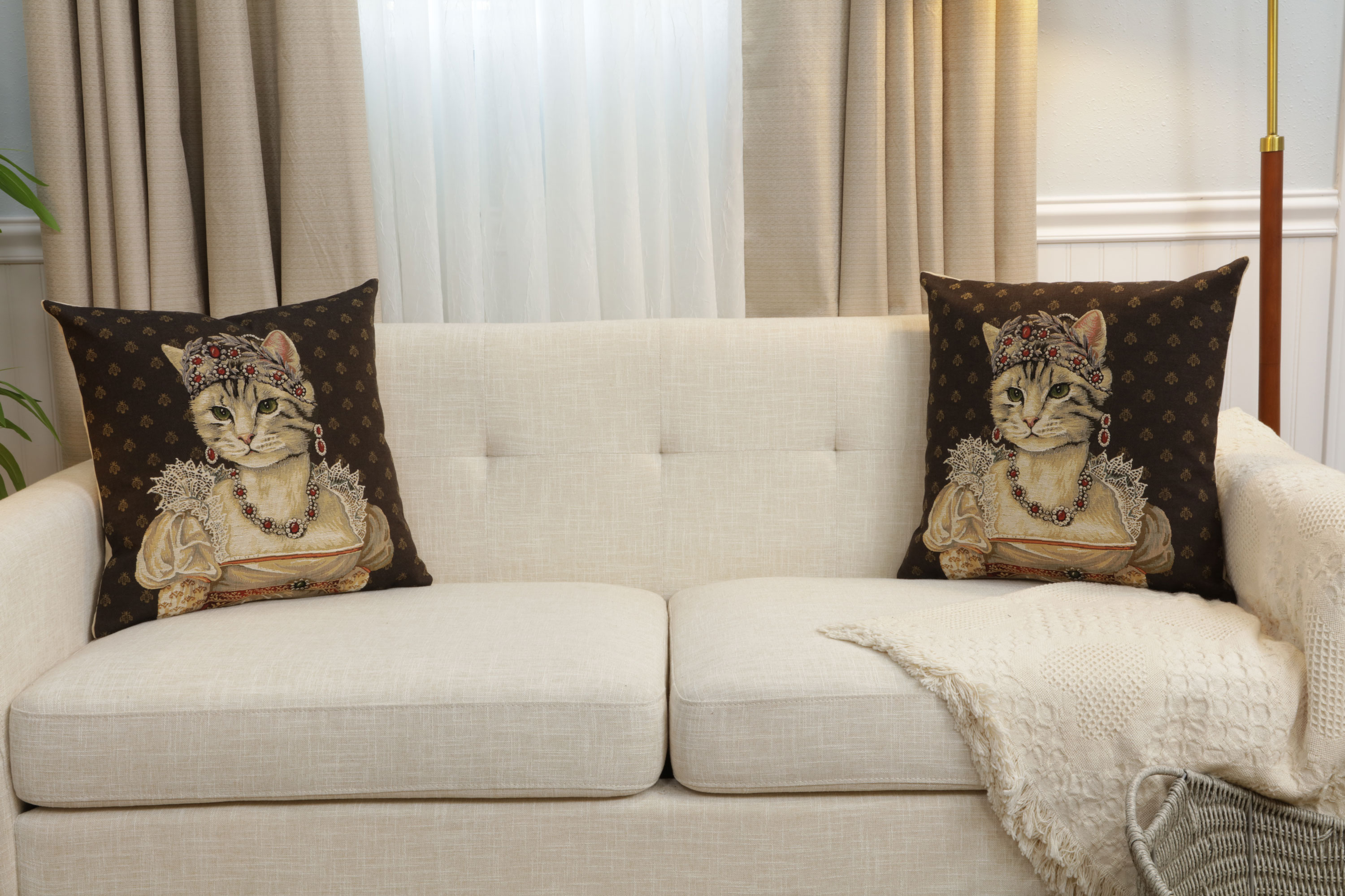 Cat Josephine Belgian Tapestry Pillow Cover 18x18 Inch Cotton Jacquard Woven Cushion Cover